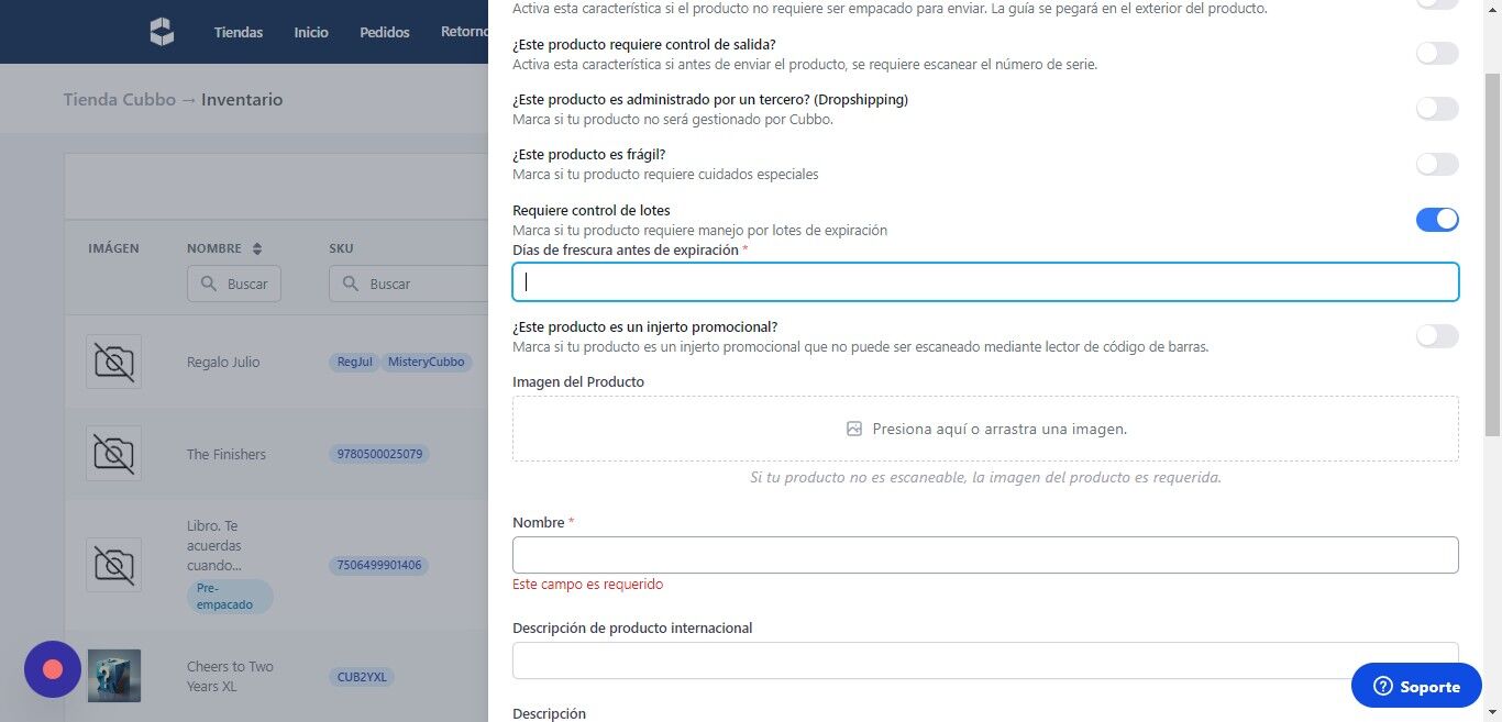 Screenshot of: Escriba los días de frescura en que desea que su producto sea apartado.