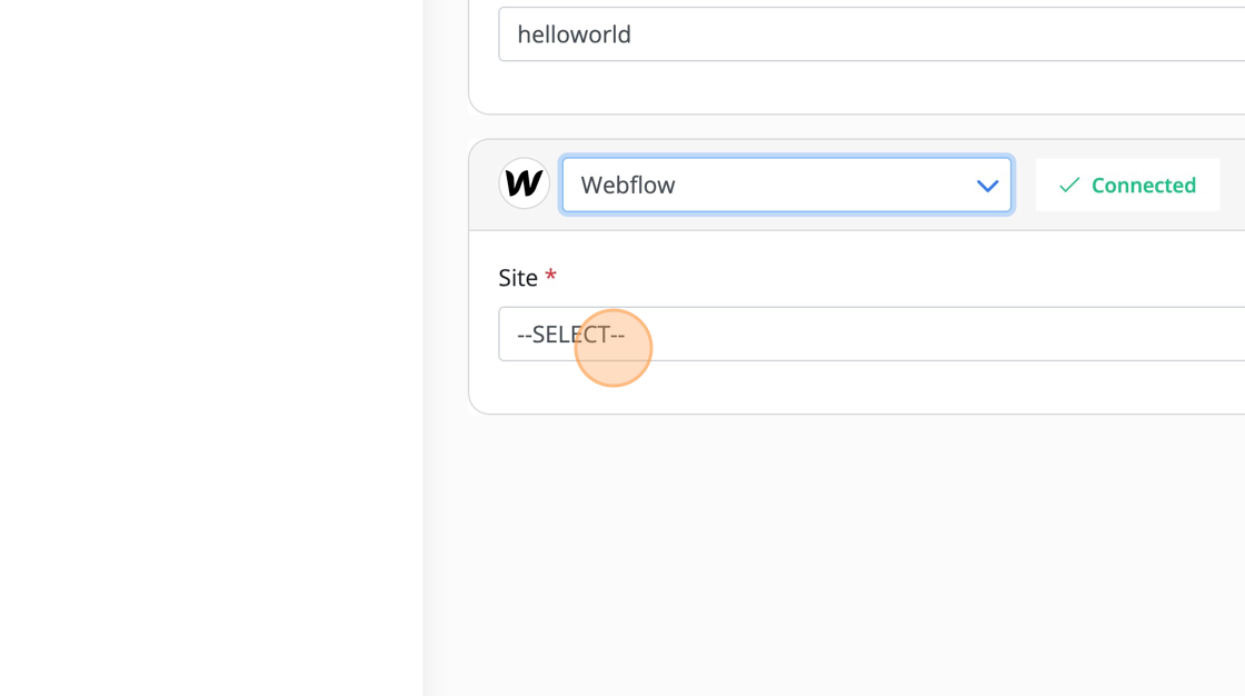 Screenshot of: Pick Webflow and select the site to sync. Note: The order doesn't matter; you can choose Webflow as the first or second app. 