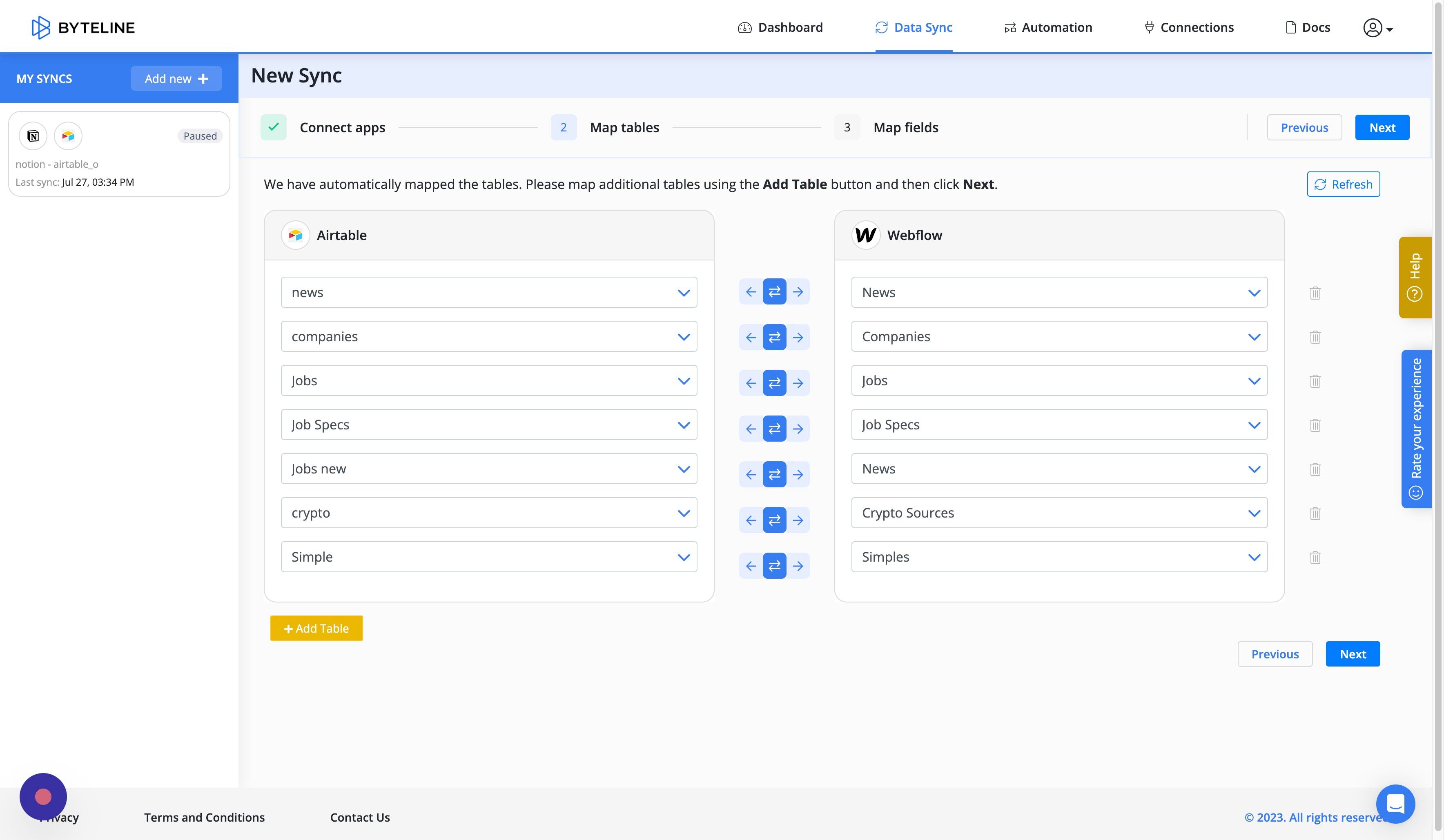 Screenshot of: Delete any tables that you don't want to sync. If the table you want to sync is not displayed, add it using "Add table" button.