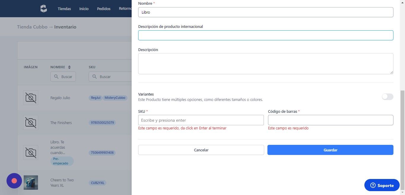 Screenshot of: Llene los campos obligatorios como el SKU y el Codigo de Barras.