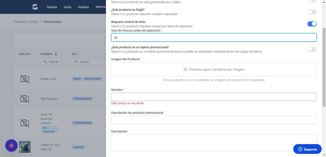 Screenshot of: Llene el campo obligatorio como como el Nombre del producto.