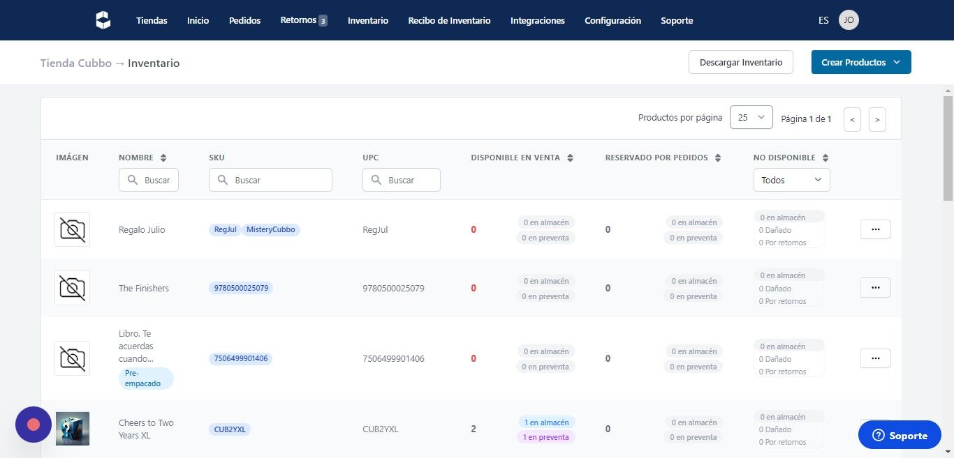 Screenshot of: Click "Crear Productos"