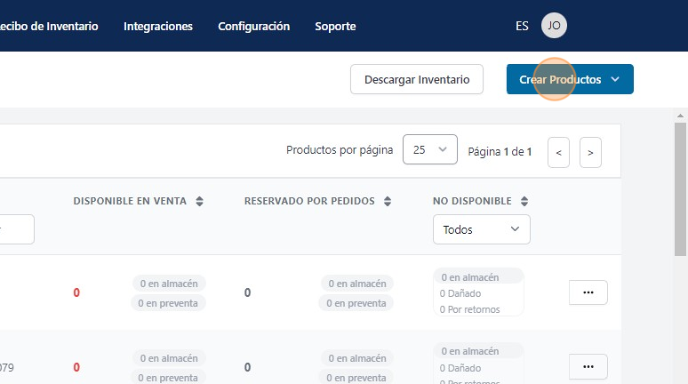Screenshot of: Click "Crear Productos"