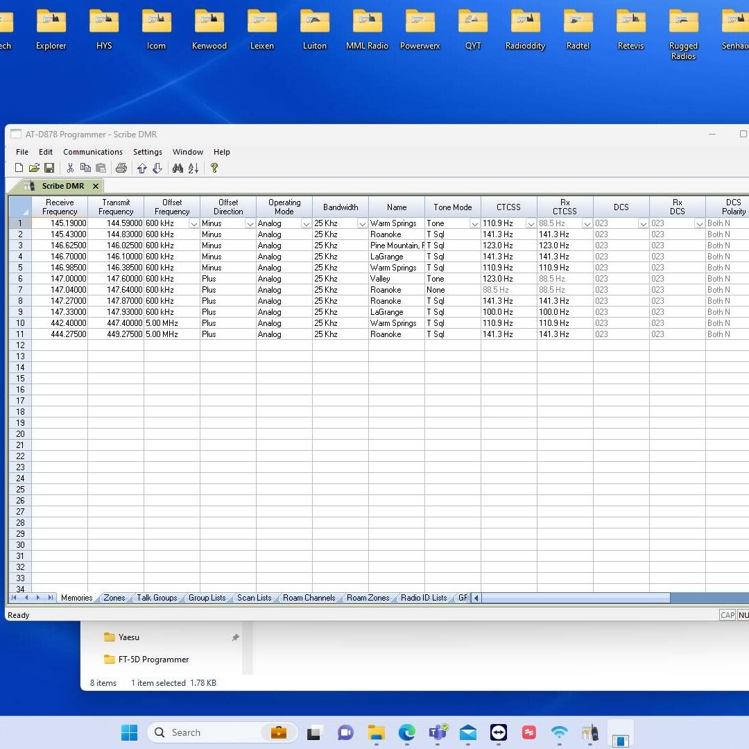 Screenshot of: Enter your desired frequencies into the memories tab of your DMR software.