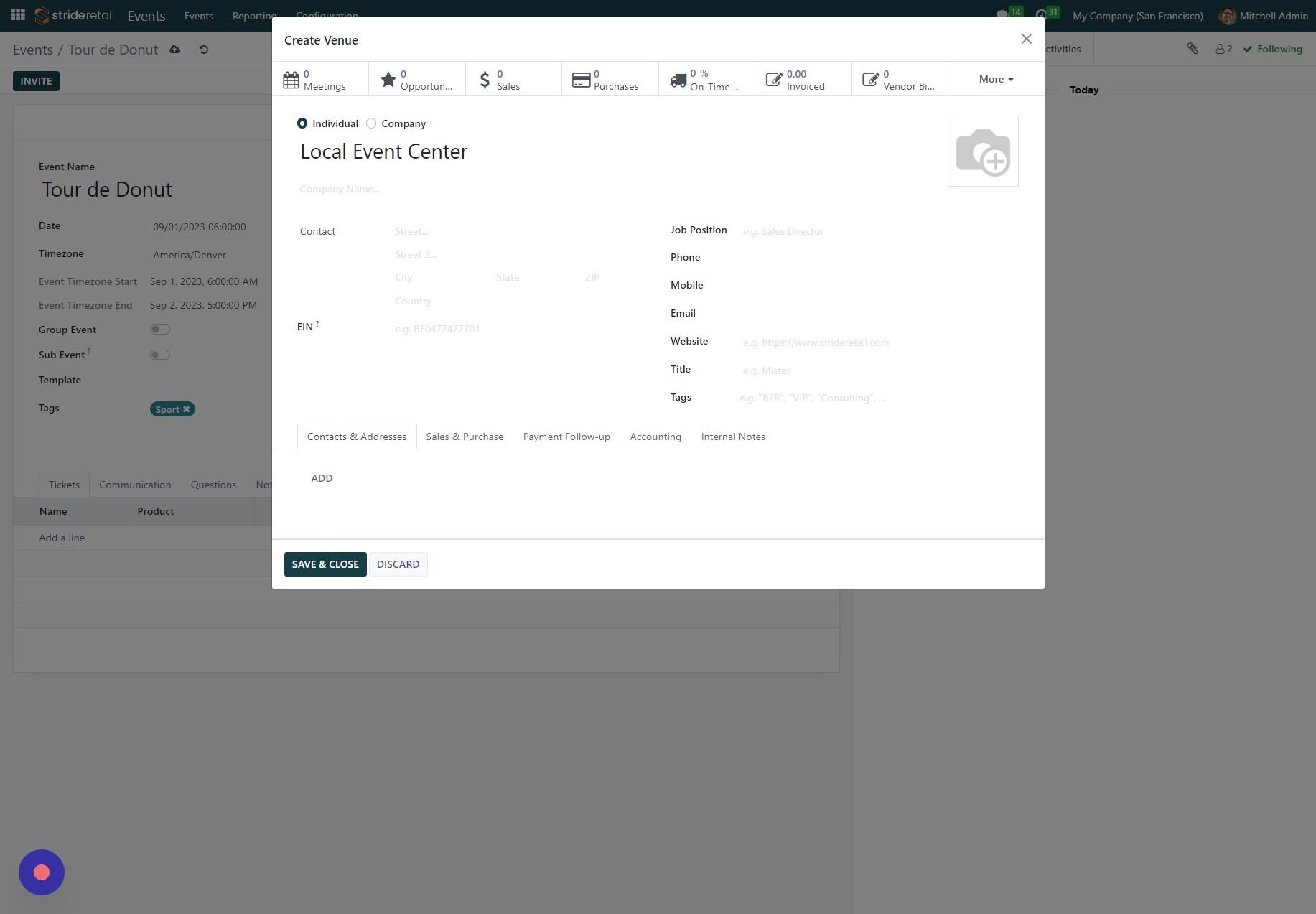 Screenshot of: This will bring up a dialogue where you can create a new contact with the venue information.  If you will be using this new contact hit "save and close". Otherwise you can discard.