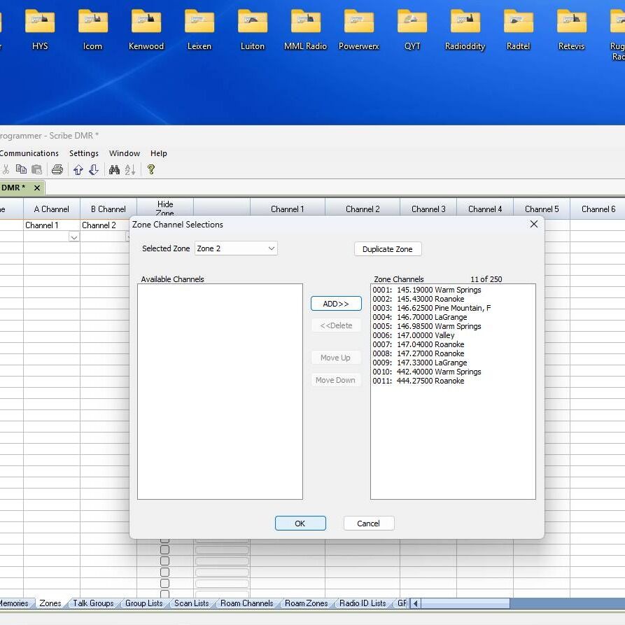 Screenshot of: Once the channels are chosen click "OK" to save and close the zone edit menu. Once the zones are completed, you can send data to the radio.