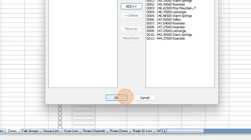 Screenshot of: Once the channels are chosen click "OK" to save and close the zone edit menu. Once the zones are completed, you can send data to the radio.