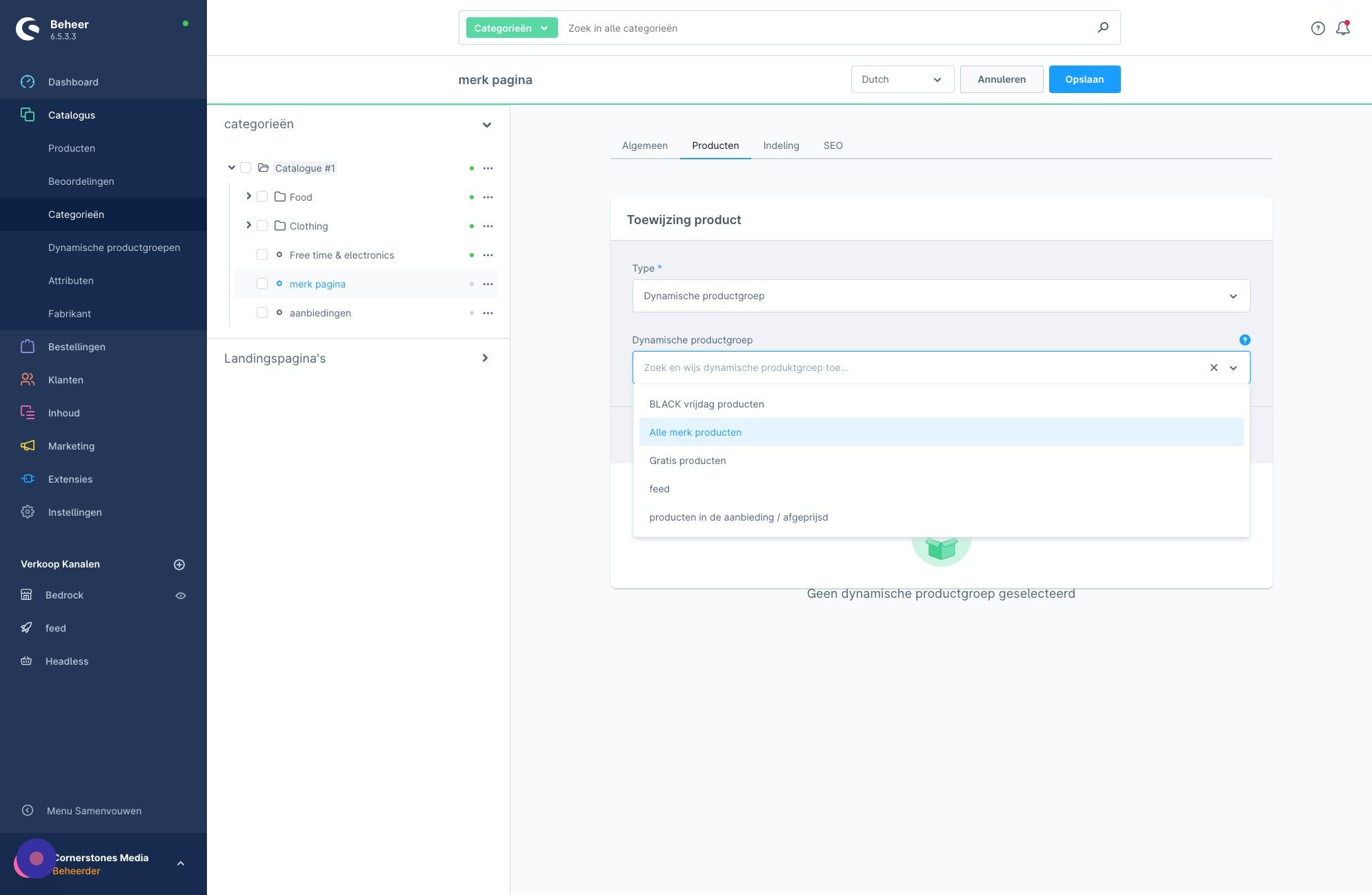Screenshot of: Klik de dynamische pagina bijv."Alle merk producten"