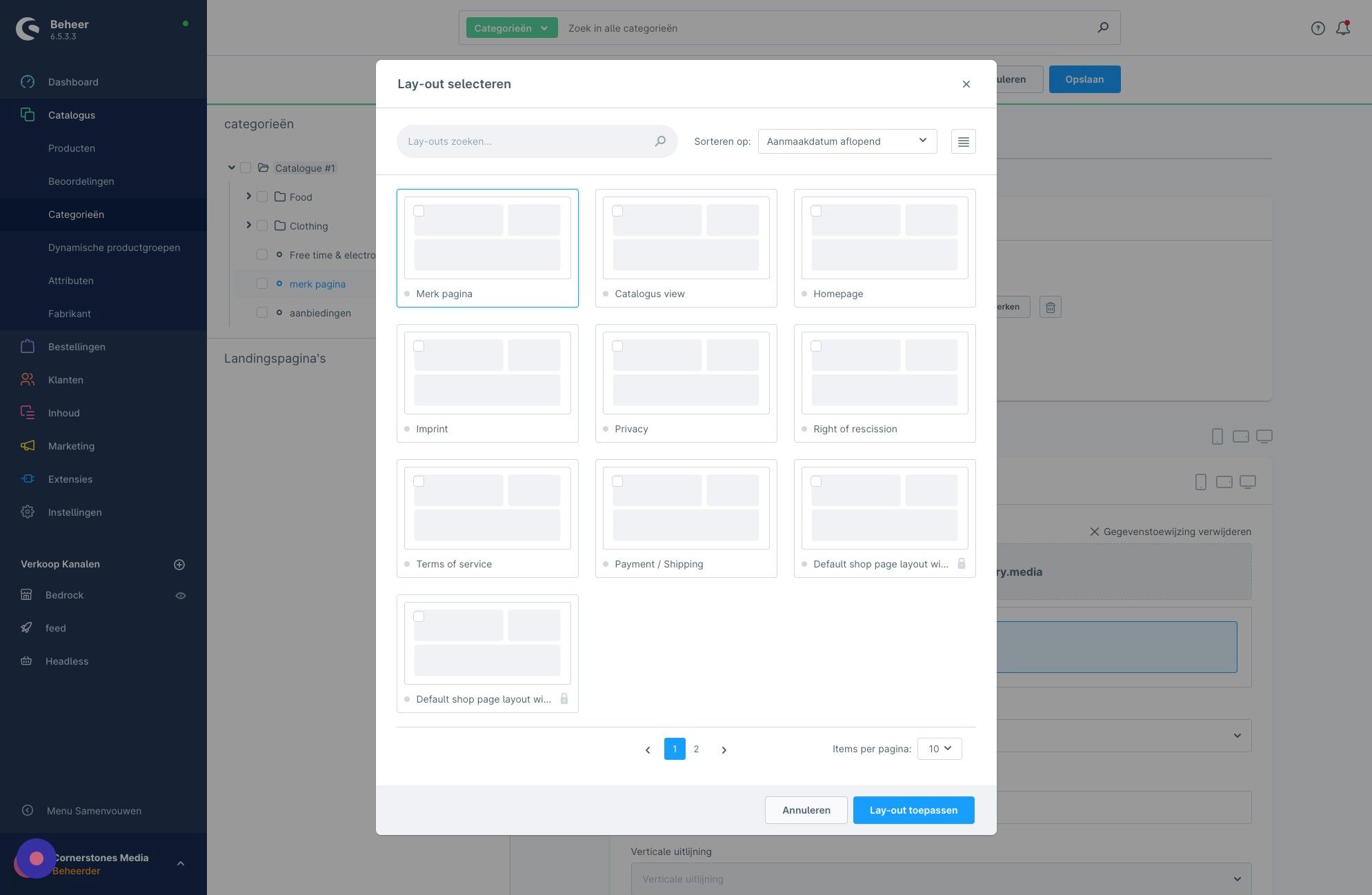 Screenshot of: Selecteer de aangemaakte 'merk' pagina