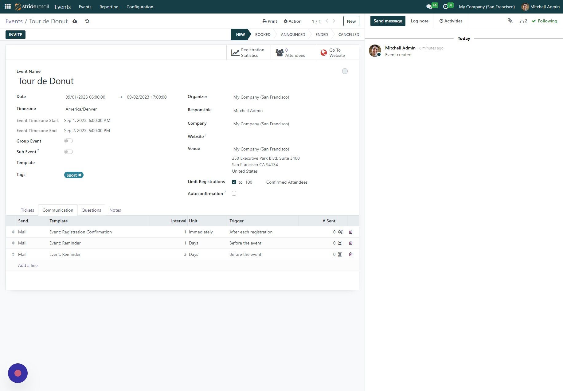 Screenshot of: Click "Questions" to add questions to ask the attendee before they check out.