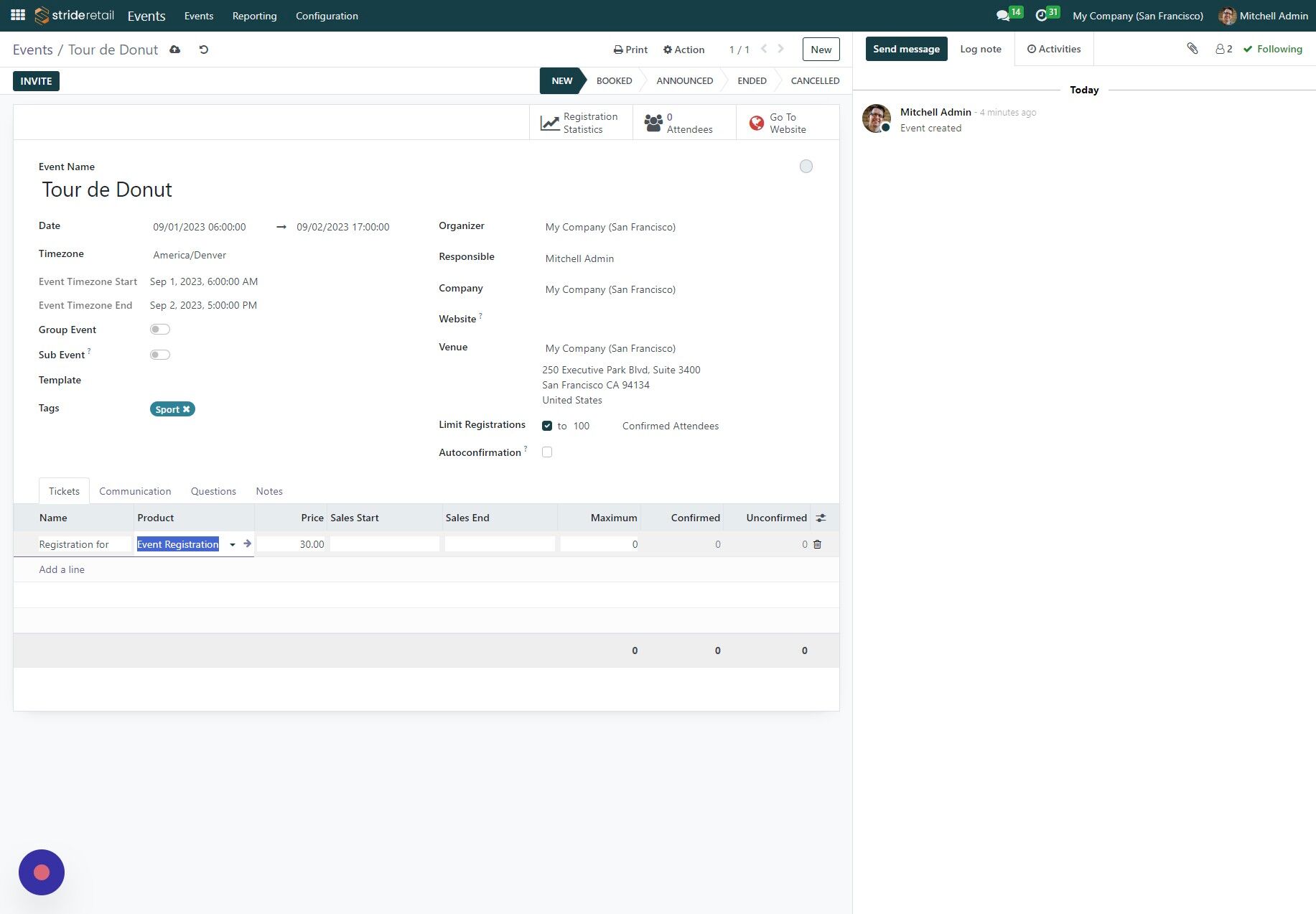 Screenshot of: The event product defaults to the "Event Registration" product.  If you need more specific reporting or need to tie this to a subscription you will need to change the Product to something specific.  There is another tutorial for this operation.

Click the "Price" column to change the price of this ticket.