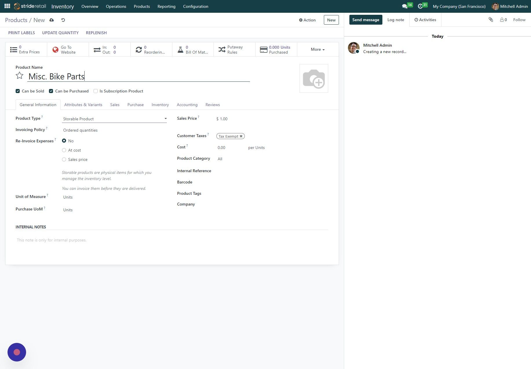 Screenshot of: We recommend if this is not something you will keep track of in inventory setting this to a "Consumable" or "Service" if it is a service product and you don't want to collect taxes.