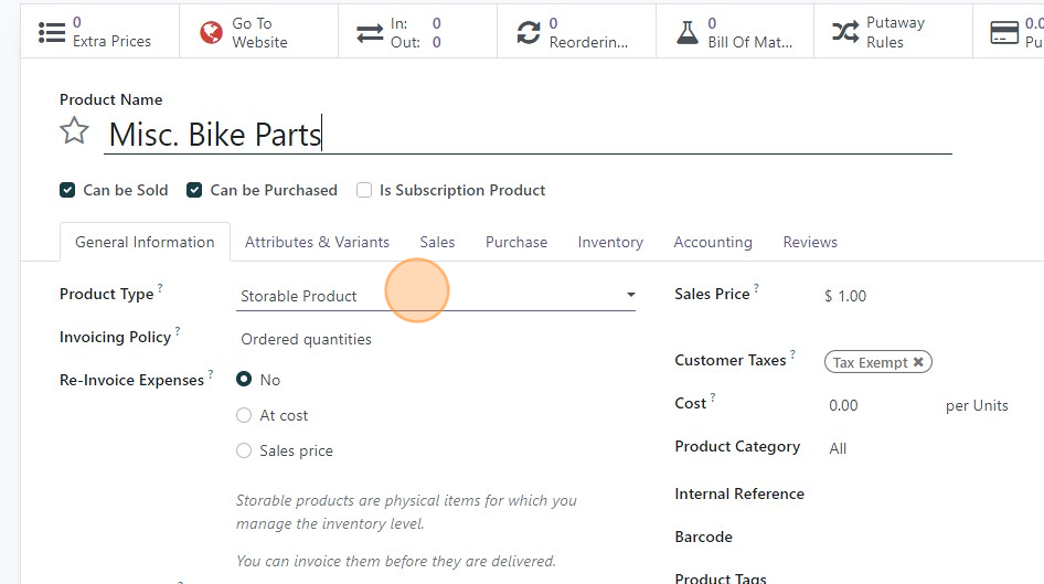 Screenshot of: We recommend if this is not something you will keep track of in inventory setting this to a "Consumable" or "Service" if it is a service product and you don't want to collect taxes.