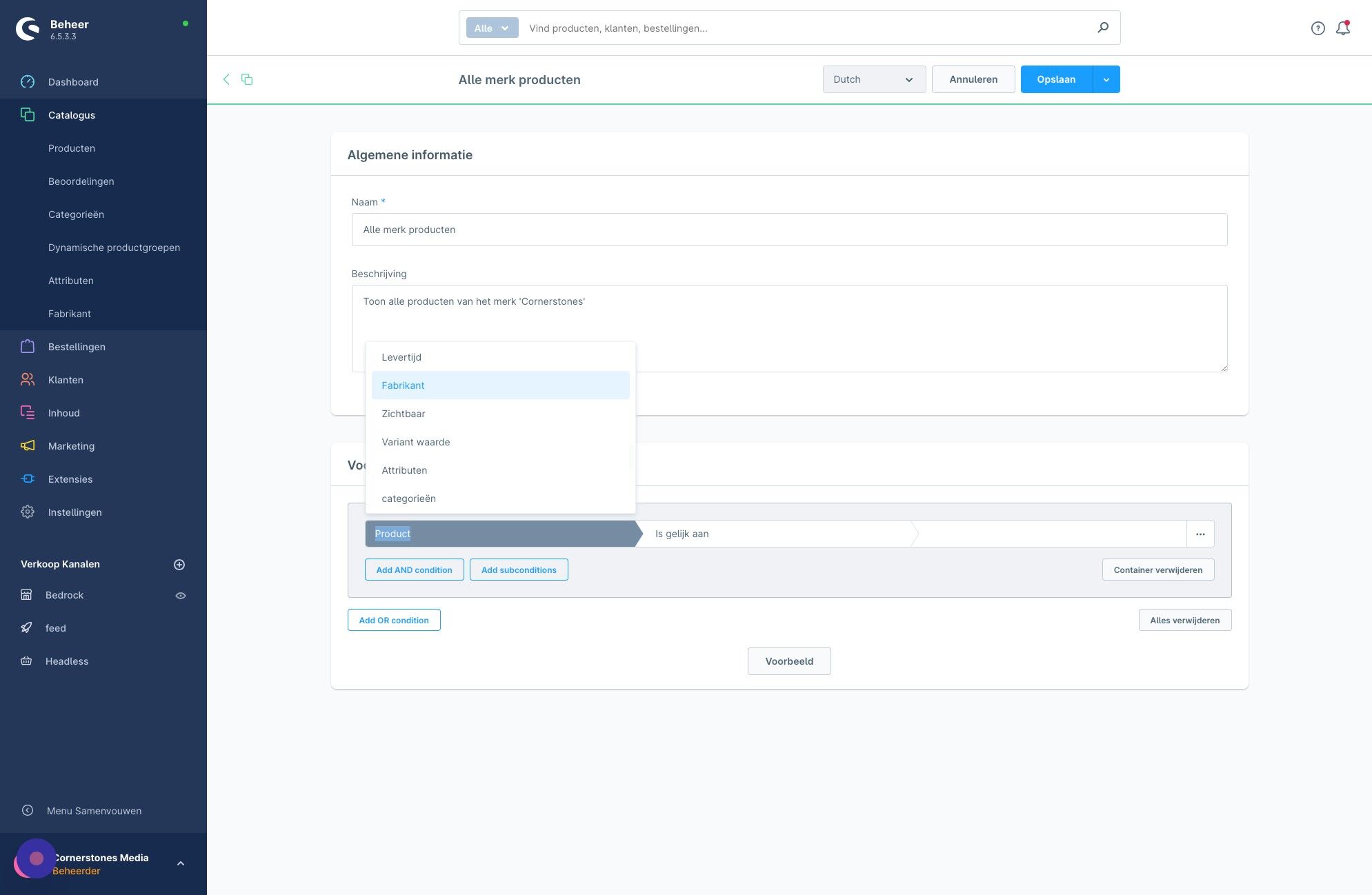 Screenshot of: Selecteer in dit geval "Fabrikant"