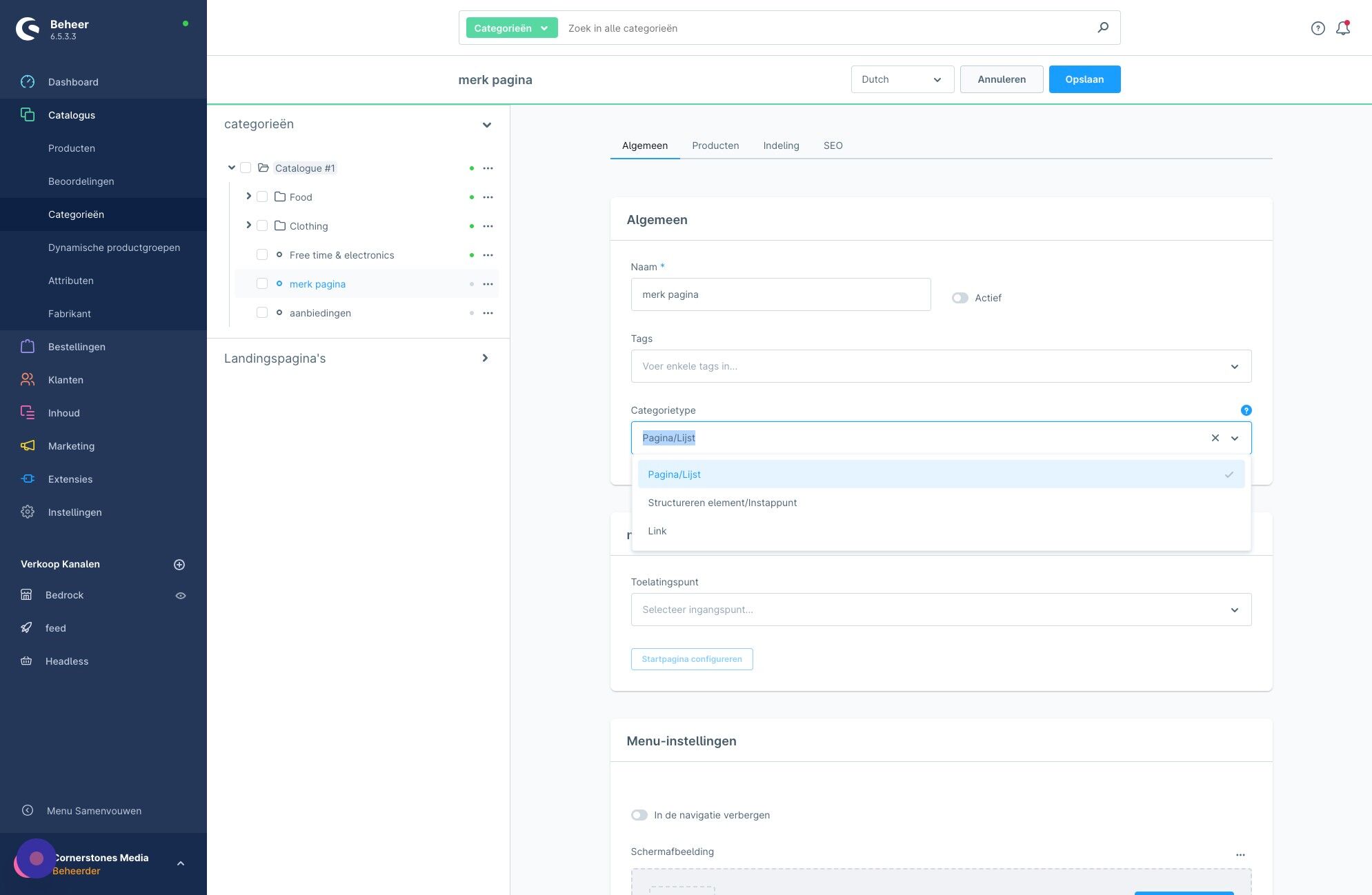 Screenshot of: Selecteer onder 'categorietype' de optie: 'pagina/lijst'