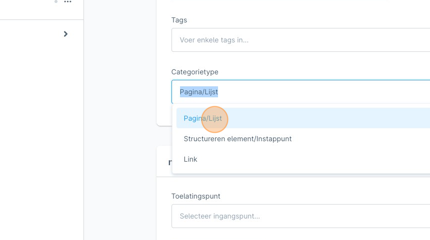 Screenshot of: Selecteer onder 'categorietype' de optie: 'pagina/lijst'