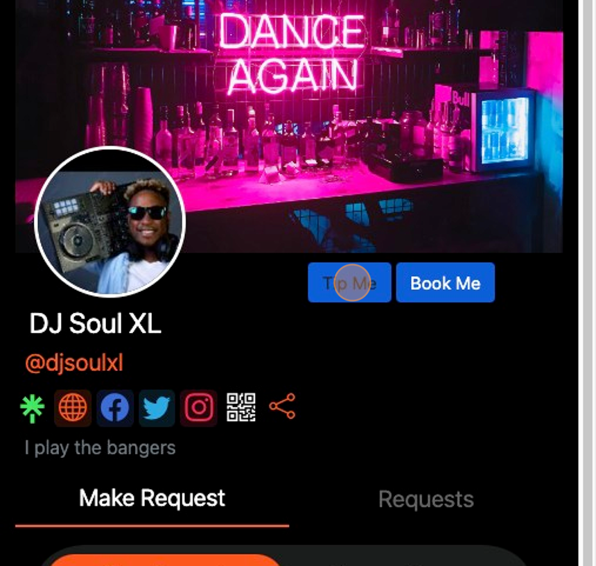 Screenshot of: Go to the DJ Profile Page and click the  "Tip Me" button. You can also tip the DJ when you make a song request