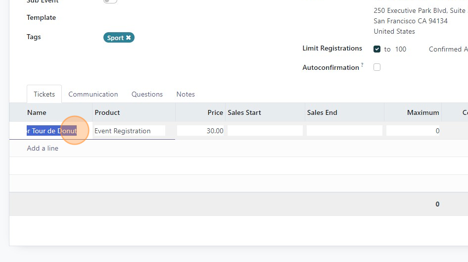 Screenshot of: Click the "Name" Field and change the name of the ticket if desired.