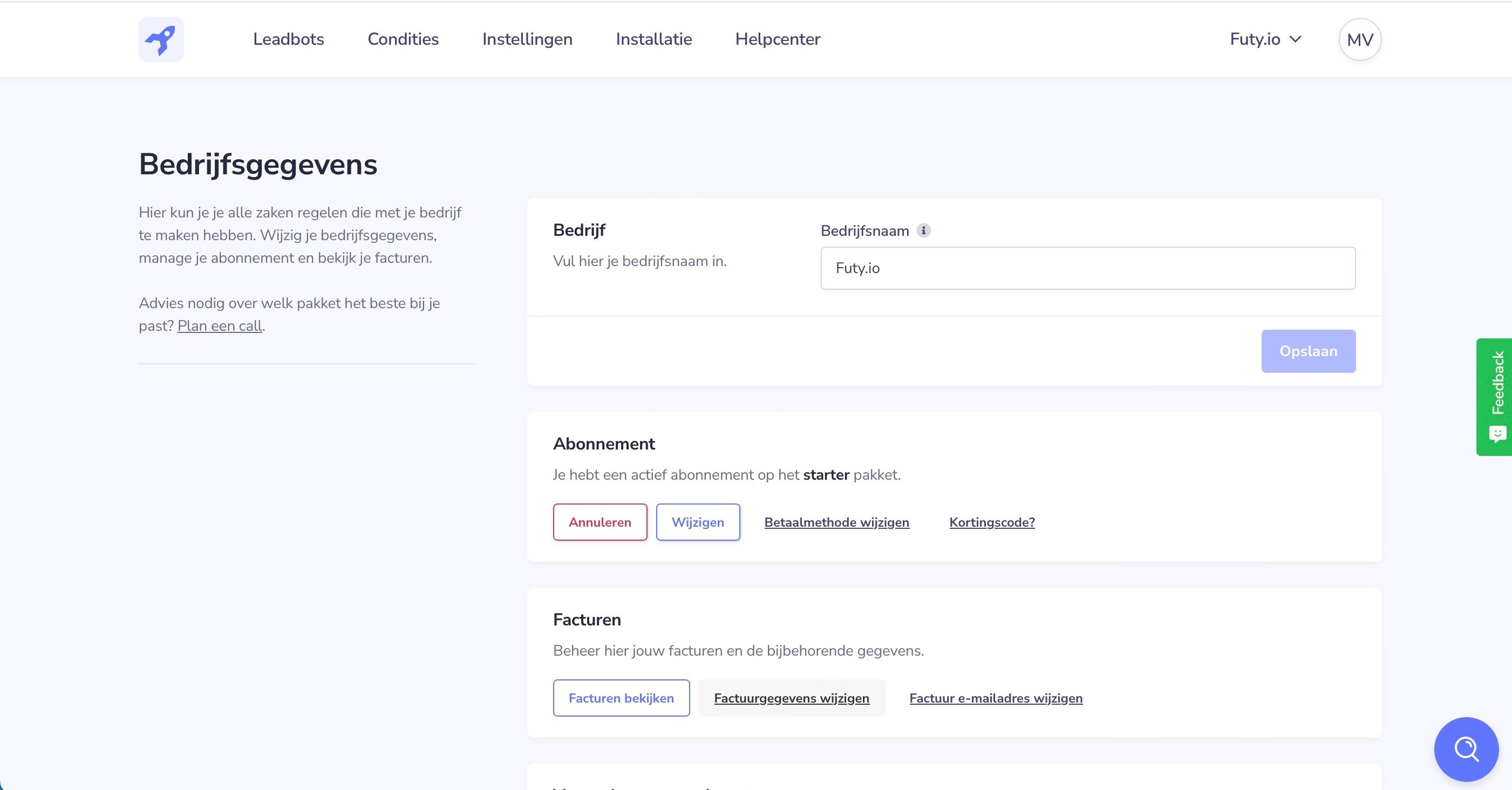 Screenshot of: Kijk bij de optie Facturen en druk op "Factuurgegevens wijzigen".