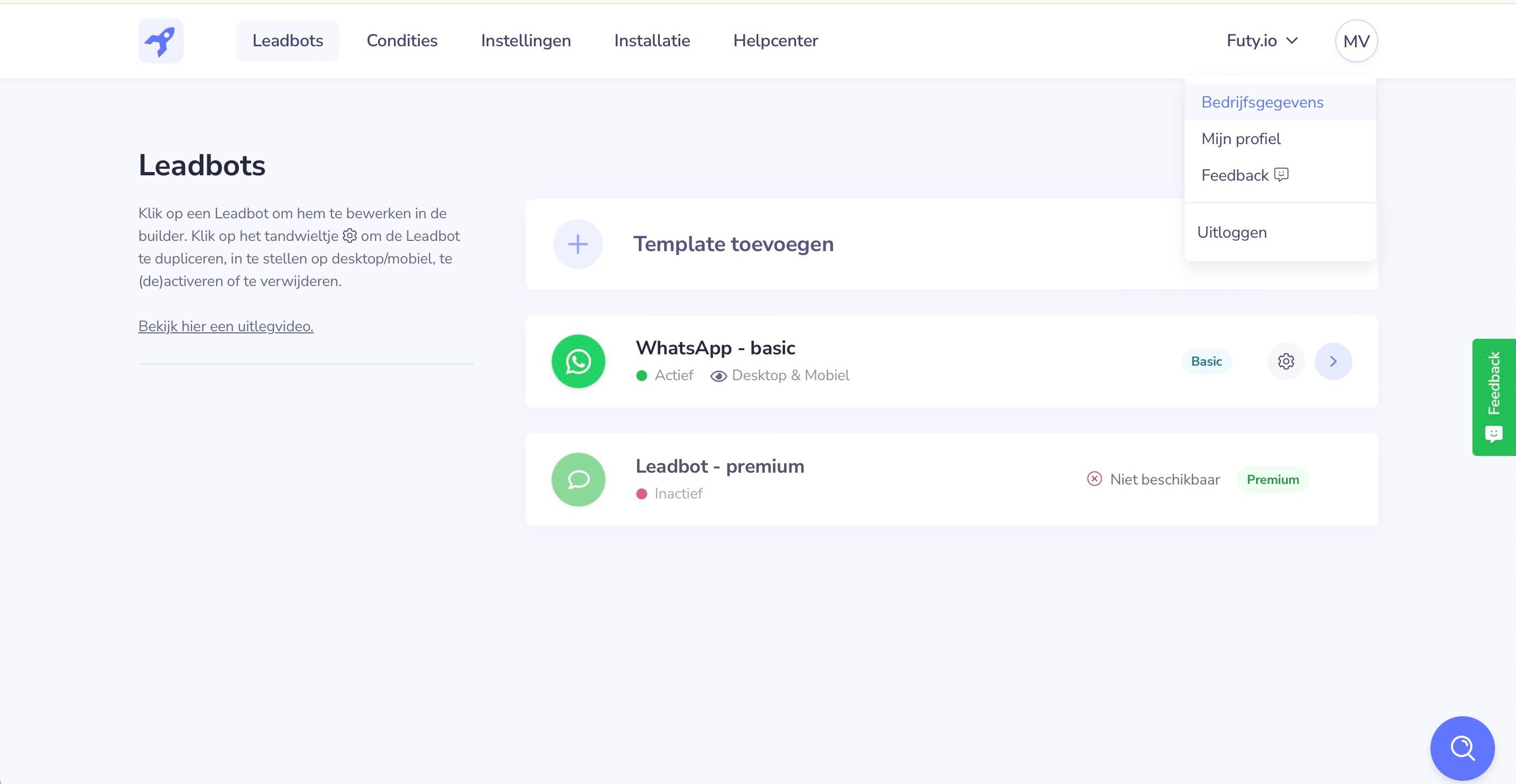 Screenshot of: Login op je account van Futy en ga rechts bovenin naar het rondje met de initialen. Druk op de optie Bedrijfsgegevens.