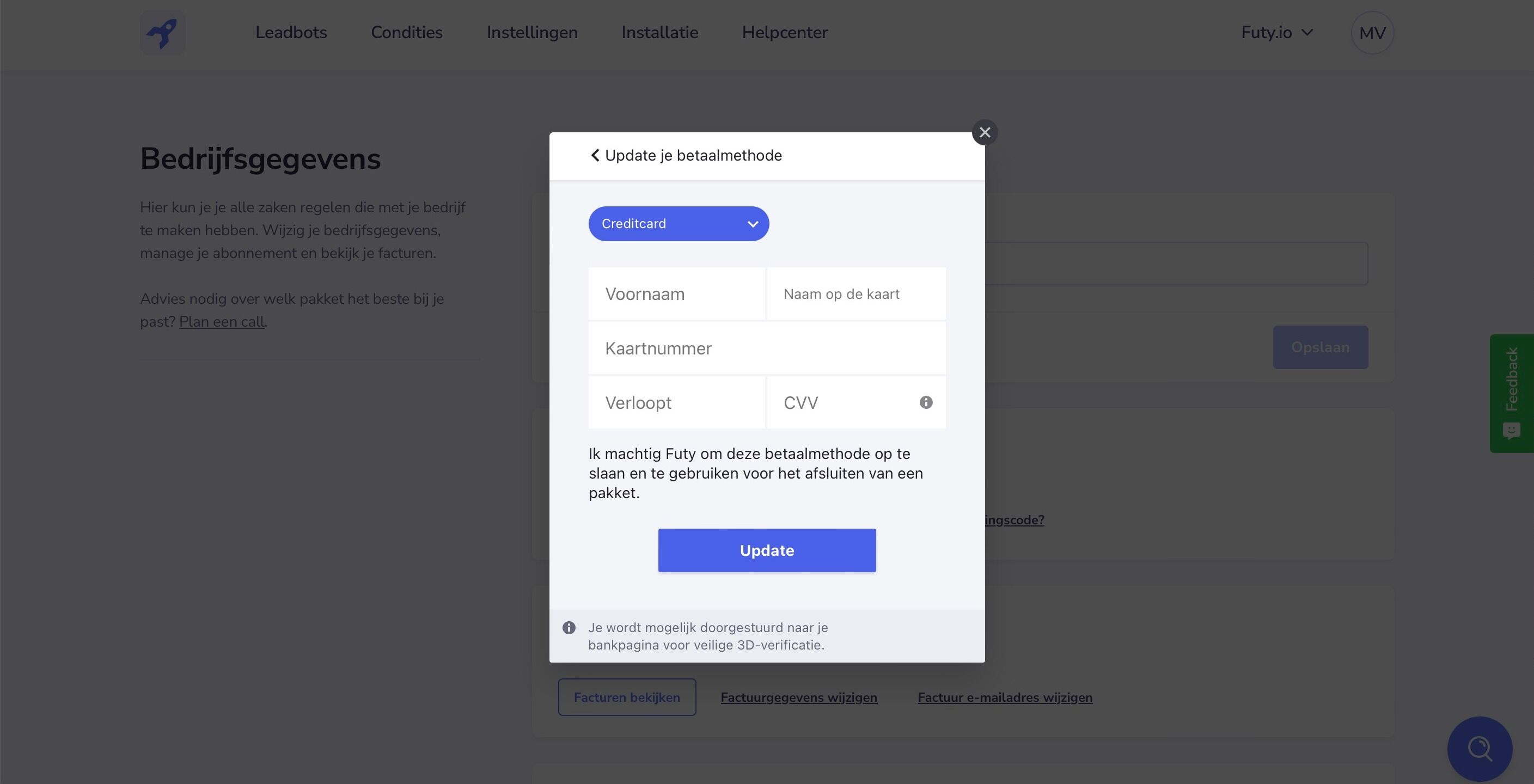 Screenshot of: Een andere keuze is: Creditcard. Vul hier je voornaam, kaartnummer, verloop datum van de kaart en CVV code in. Druk dan op "Update".