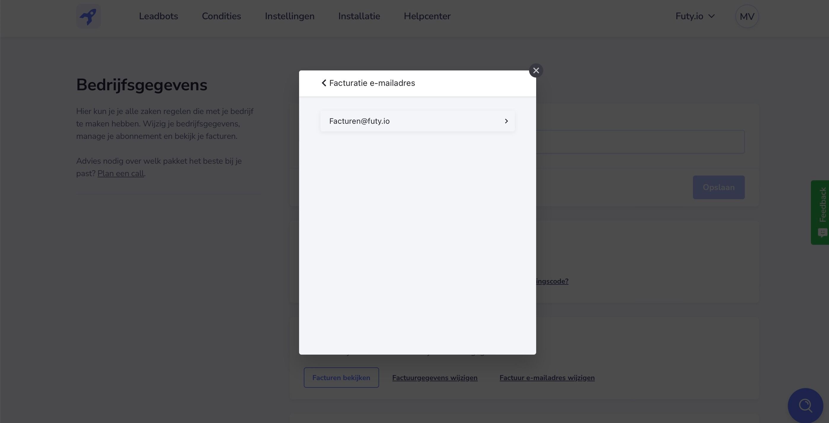 Screenshot of: Er verschijn een popup met de huidige facturatie e-mailadres. Druk op het e-mailadres.