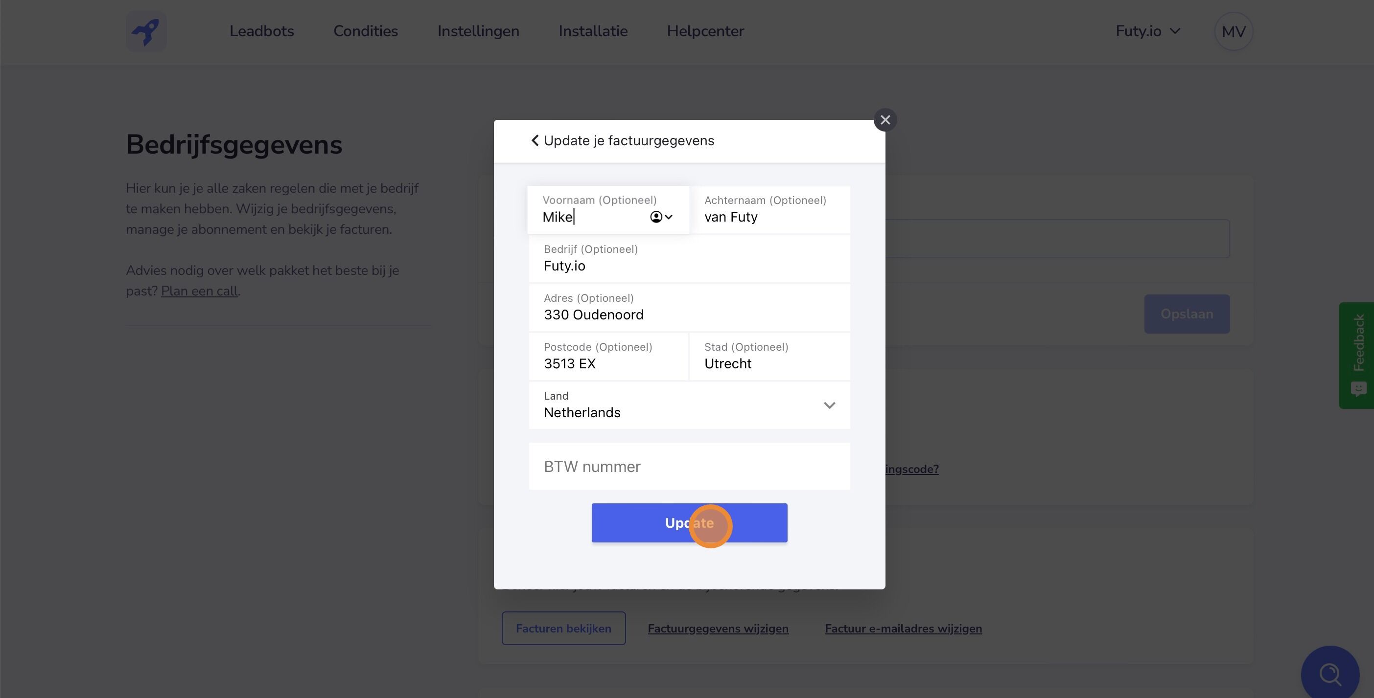 Screenshot of: Er verschijn een popup met de huidige factuurgegevens. Wijzig de factuurgegevens naar de juiste gegevens en druk op "Update"
