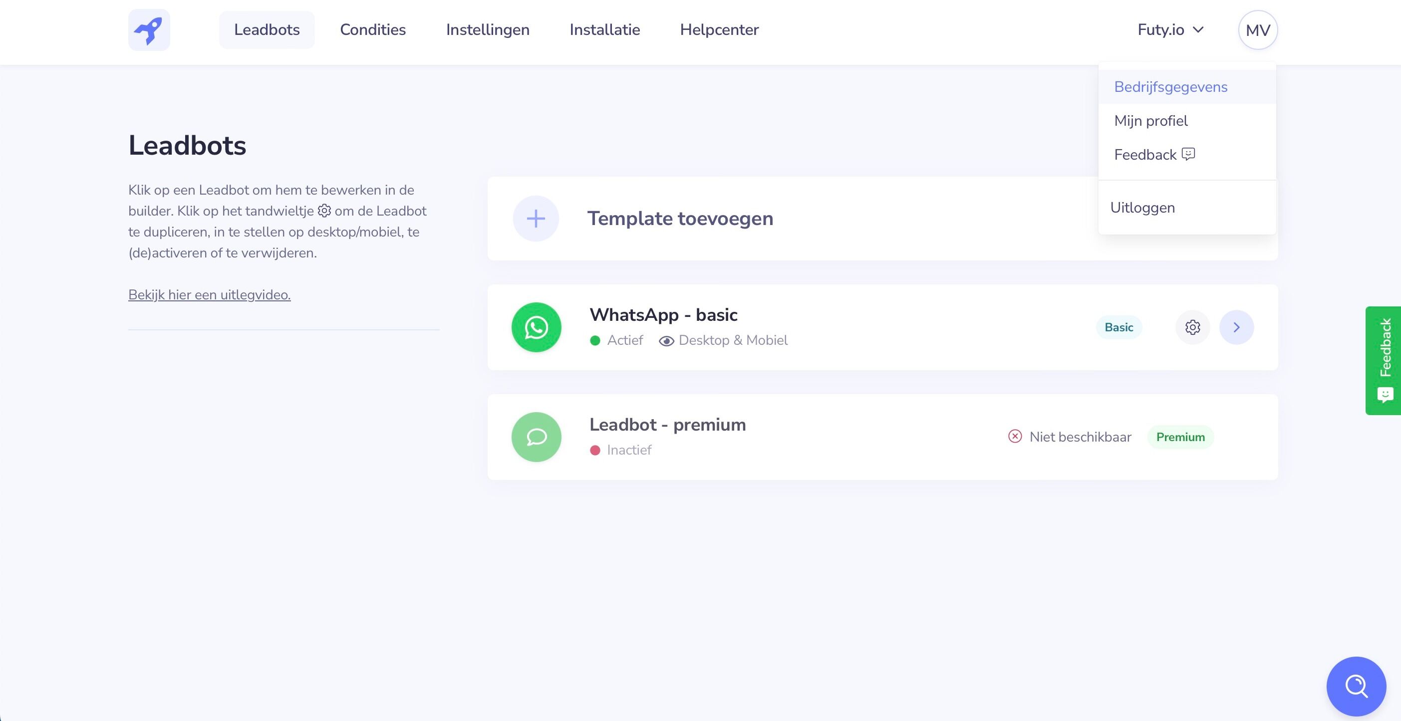 Screenshot of: Login op je account van Futy en ga rechts bovenin naar het rondje met de initialen. Druk op de optie Bedrijfsgegevens.