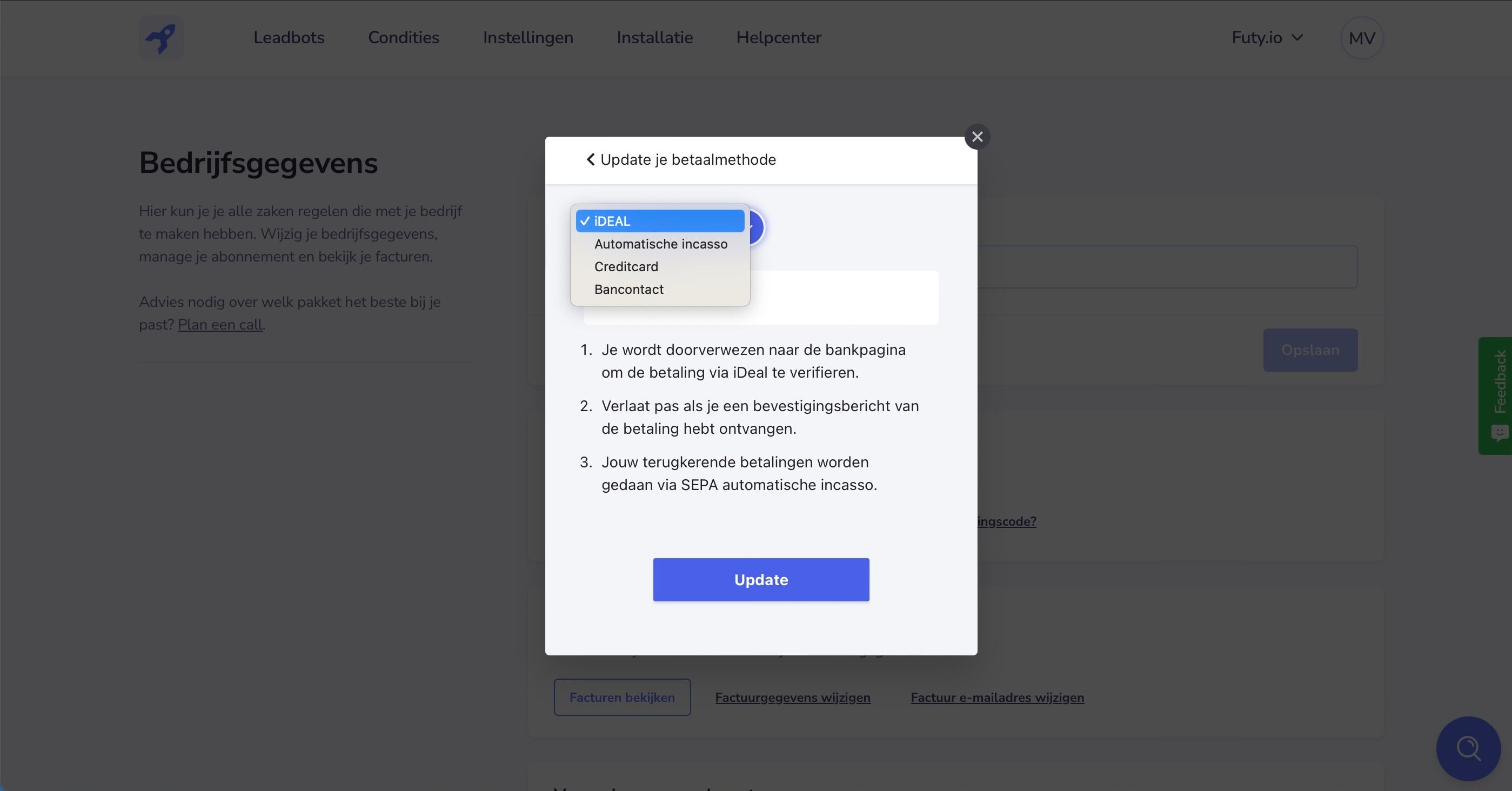 Screenshot of: Maak een keuze uit de volgende betaalmethodes: iDeal, Automatische incasso, Creditcard of Bancontact.