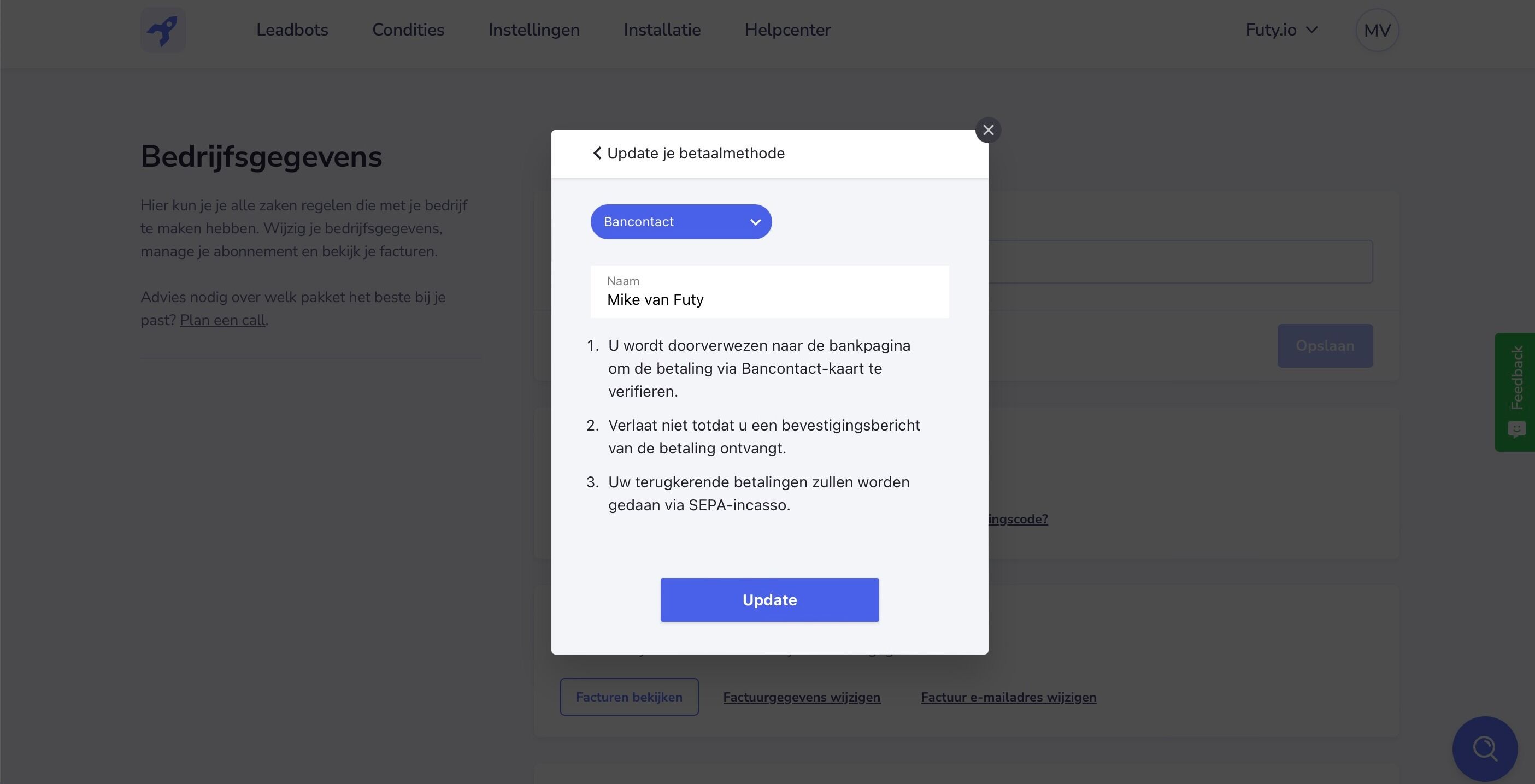 Screenshot of: Een andere keuze is: Bancontact. Lees de stappen en druk op "Update" om door te gaan naar de betalingspagina.