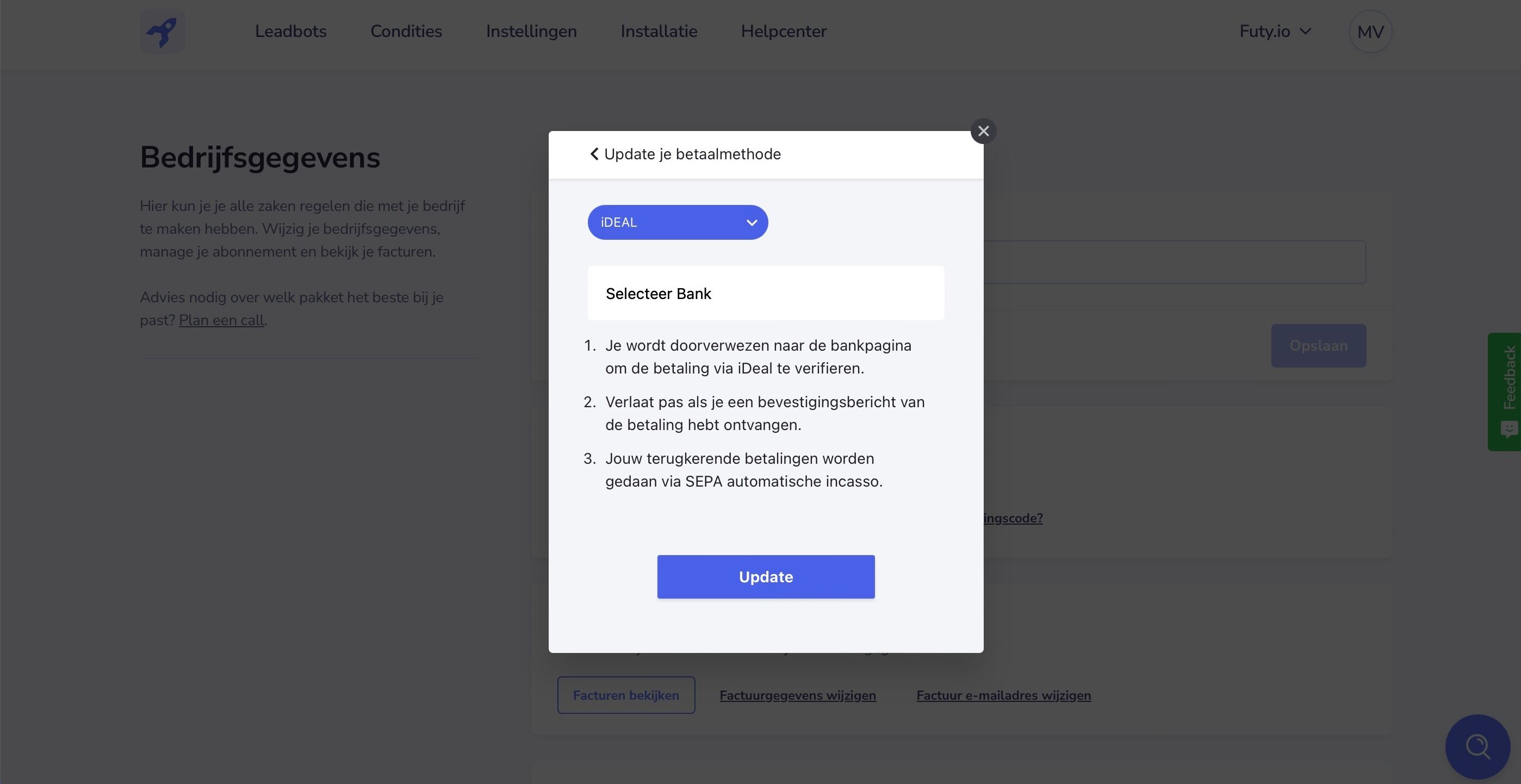 Screenshot of: Druk op de blauwe knop met iDeal en kies de gewenste betaalmethode.