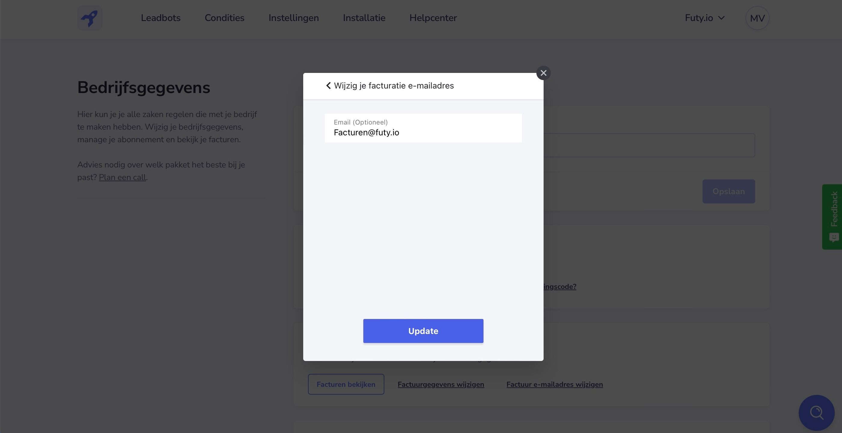Screenshot of: Wijzig het e-mailadres naar de juiste e-mail en druk op "Update"