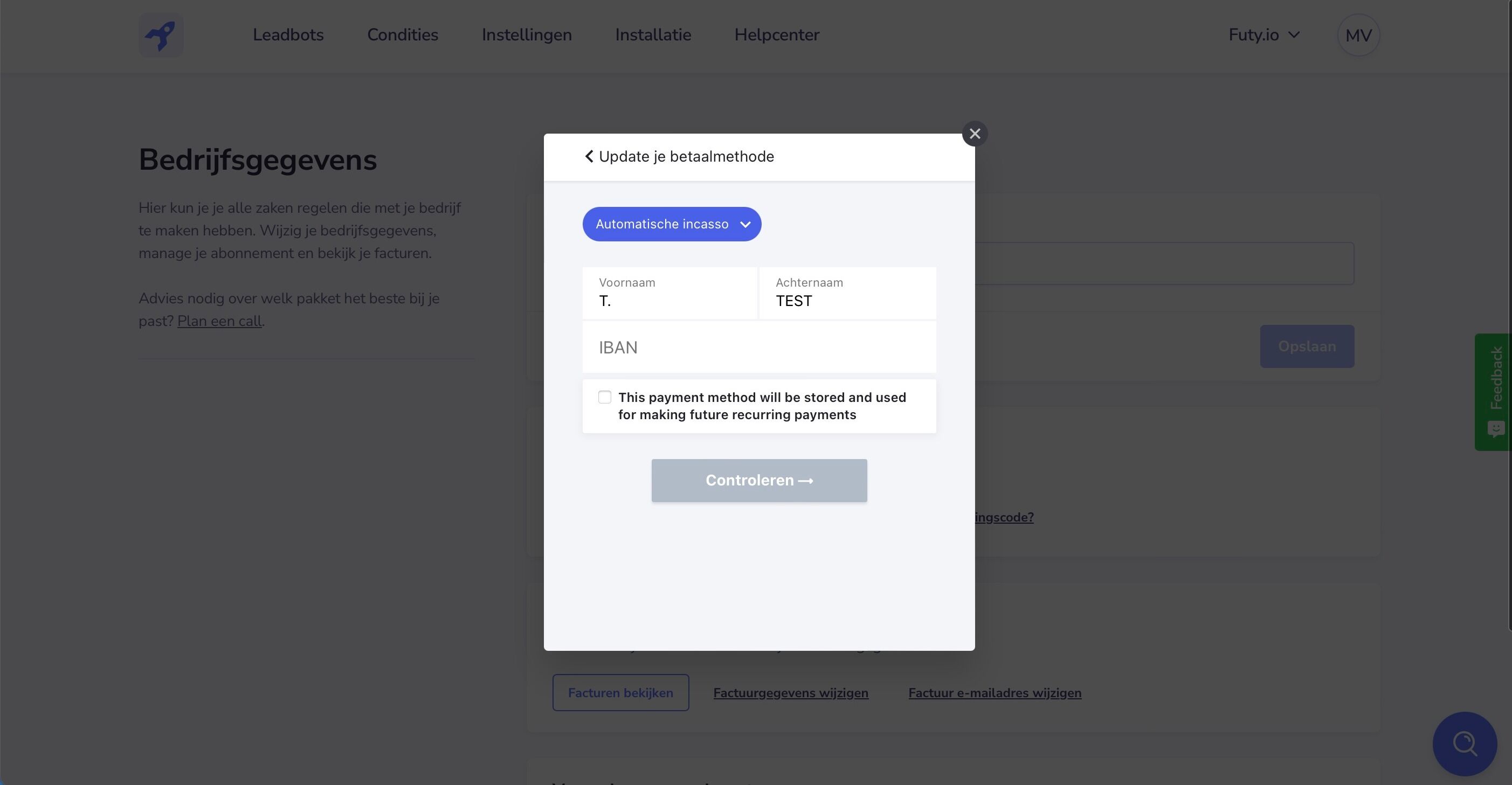 Screenshot of: Een andere keuze is: Automatische incasso. Vul hier je voornaam, achternaam en IBAN in. Vink dan het selectie vakje aan om de automatische incasso te accepteren. Druk dan op 'Controleren'