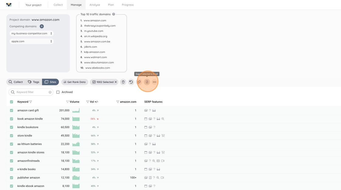 Screenshot of: Click the export to Excel button to download your data.