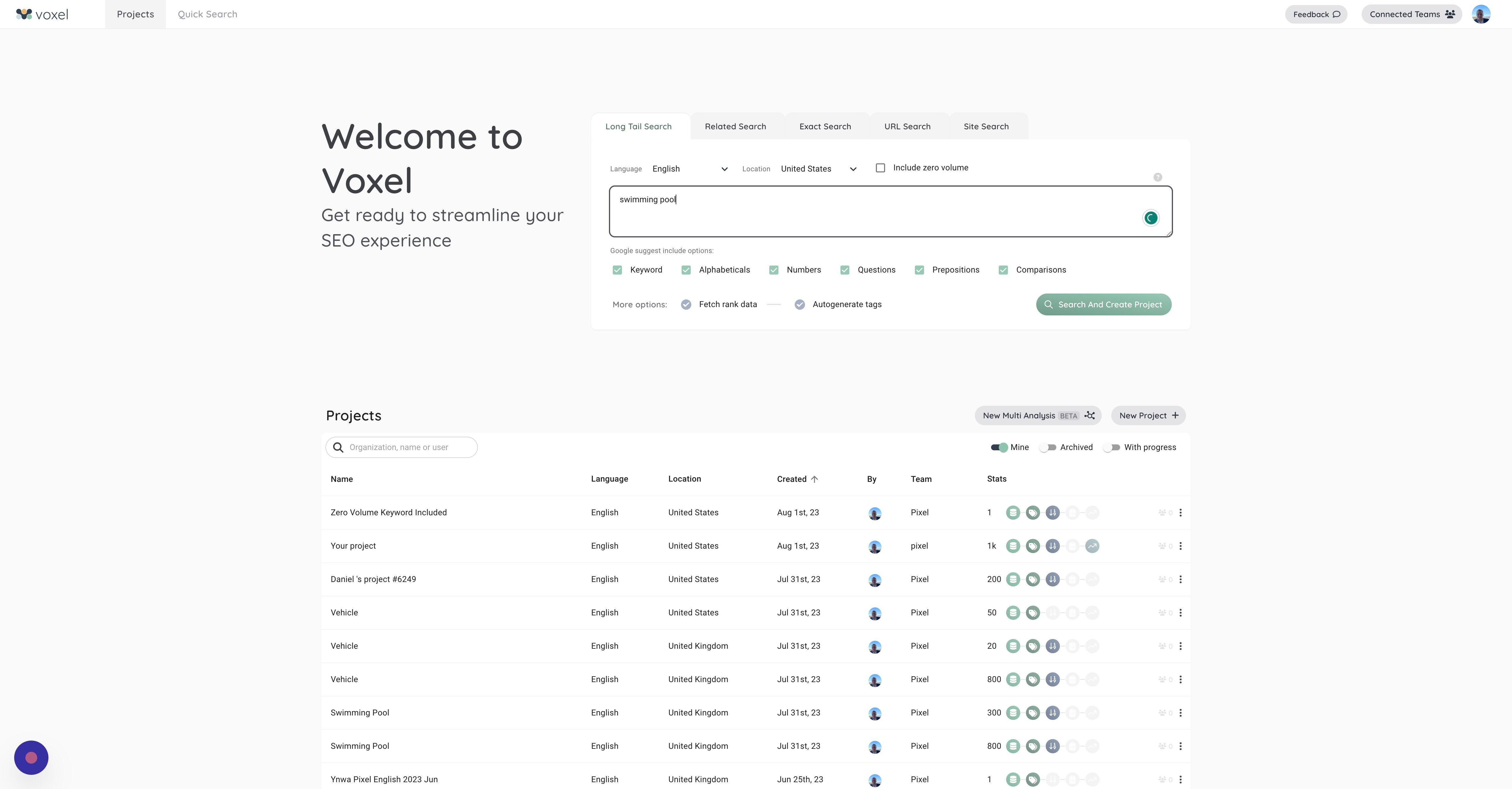 Screenshot of: Click "Search And Create Project"