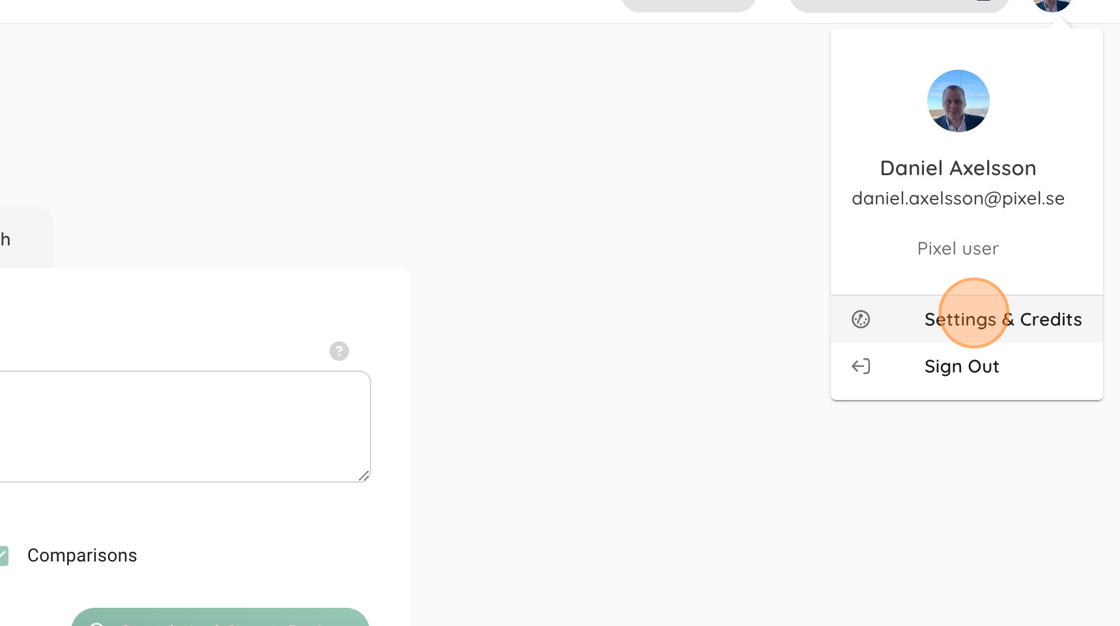 Screenshot of: Click "Settings & Credits"