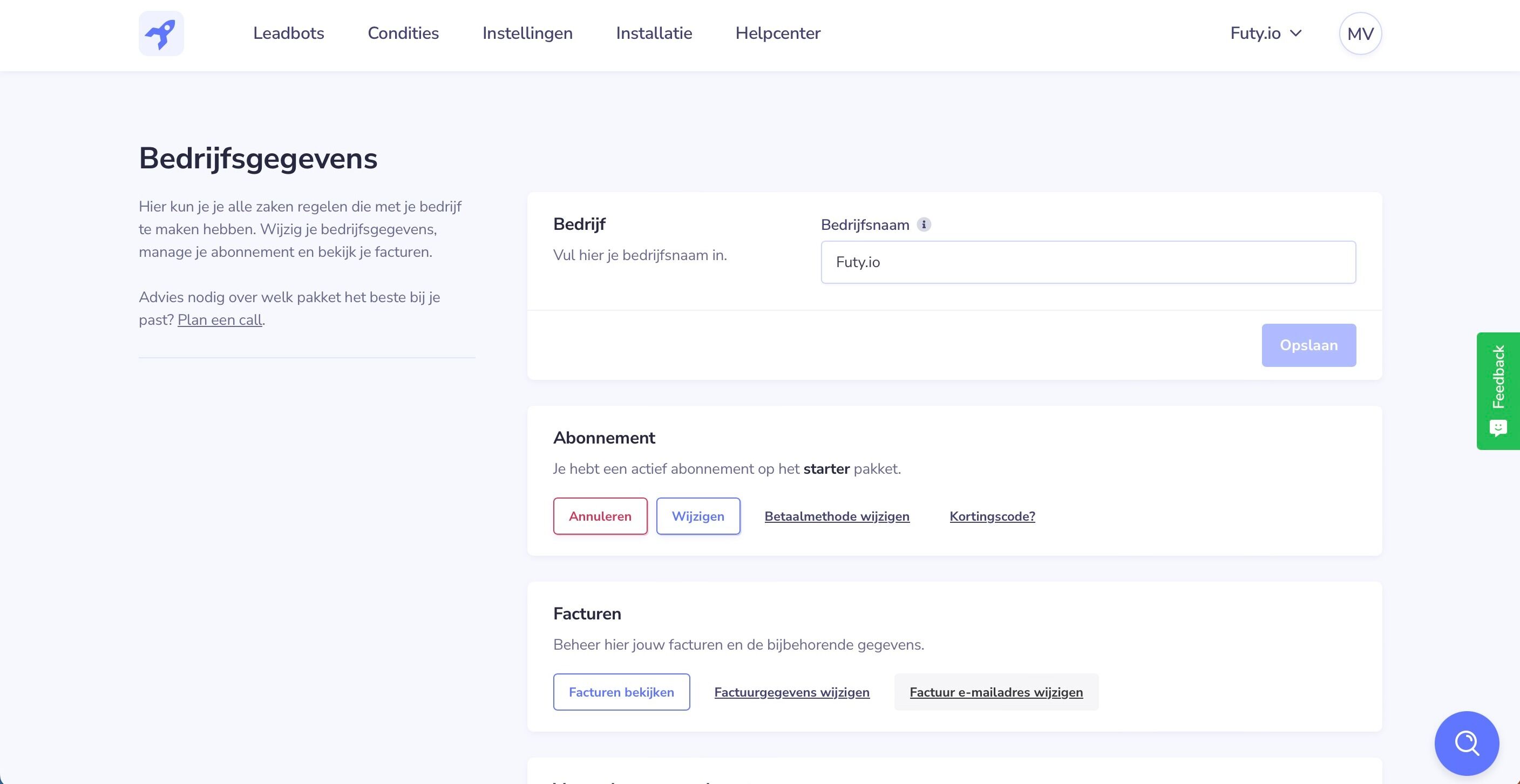 Screenshot of: Kijk bij de optie Facturen en druk op "Factuur e-mailadres wijzigen"