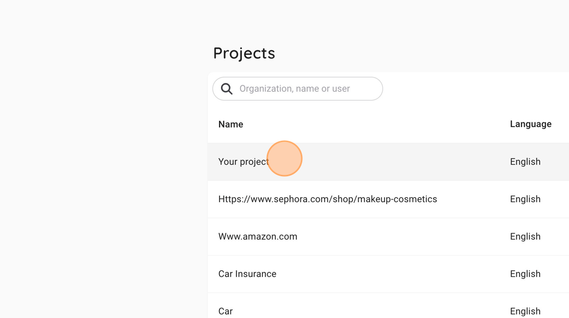 Screenshot of: Click "Your project"