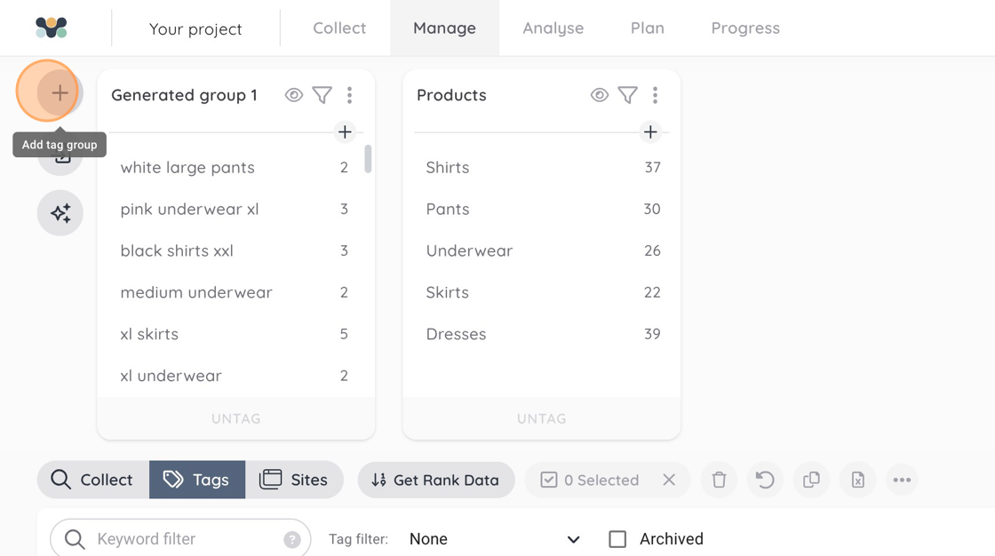 Screenshot of: Click this button to create a new tag group