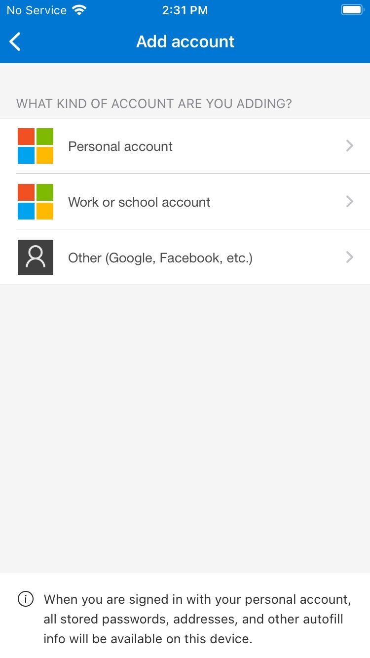 Screenshot of: Tap Work or School account.