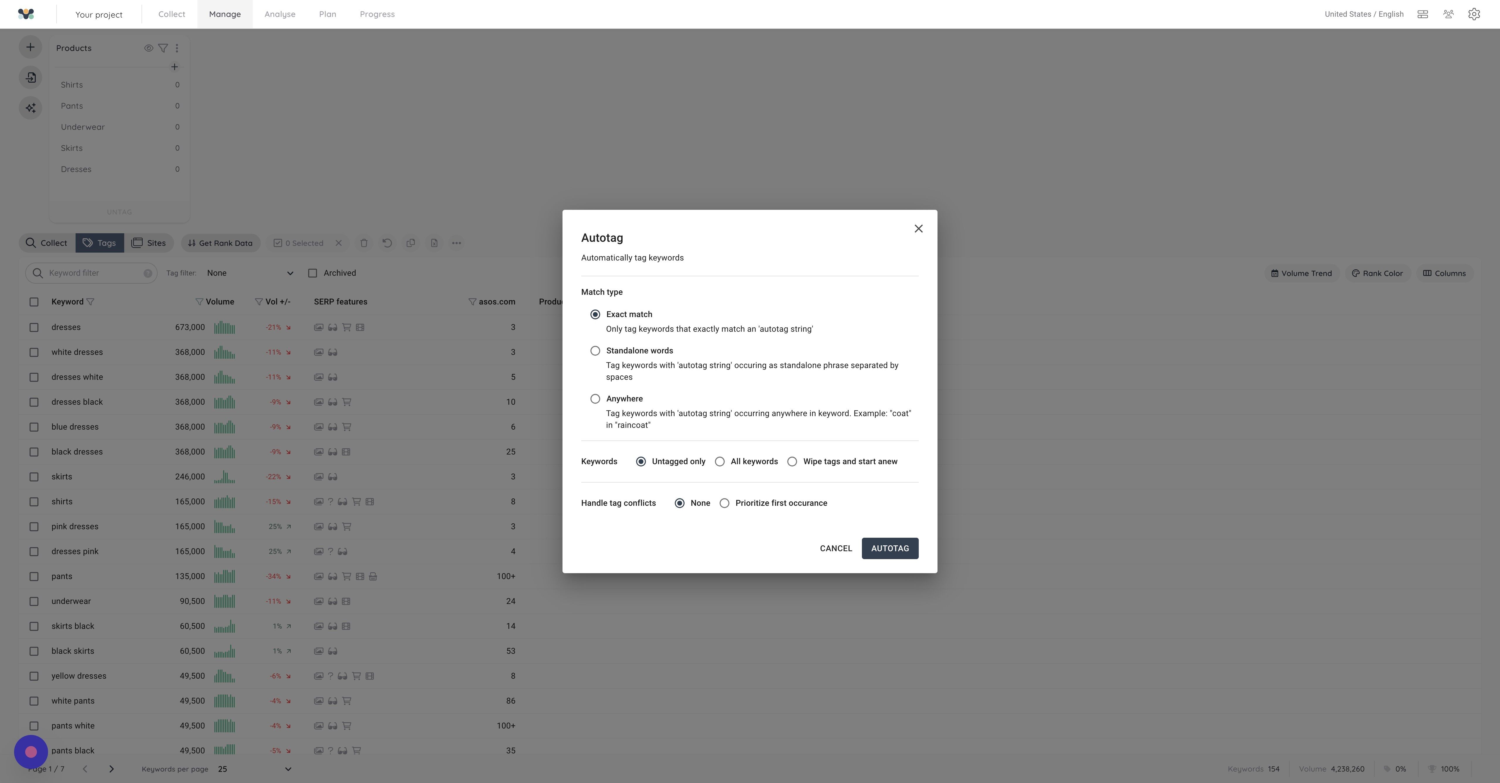 Screenshot of: Select the match type that best suits your use case, I've gone with "Anywhere"