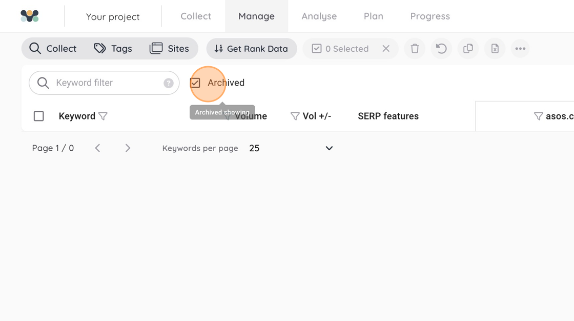 Screenshot of: Click on the Archived checkbox to return to blended or normal view