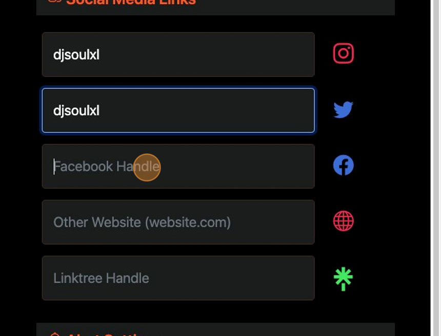 Screenshot of: Enter your social medial handles and your website. You don't have to enter the full website, just your handle