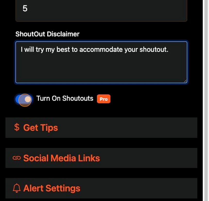Screenshot of: Turn Shoutouts on or off