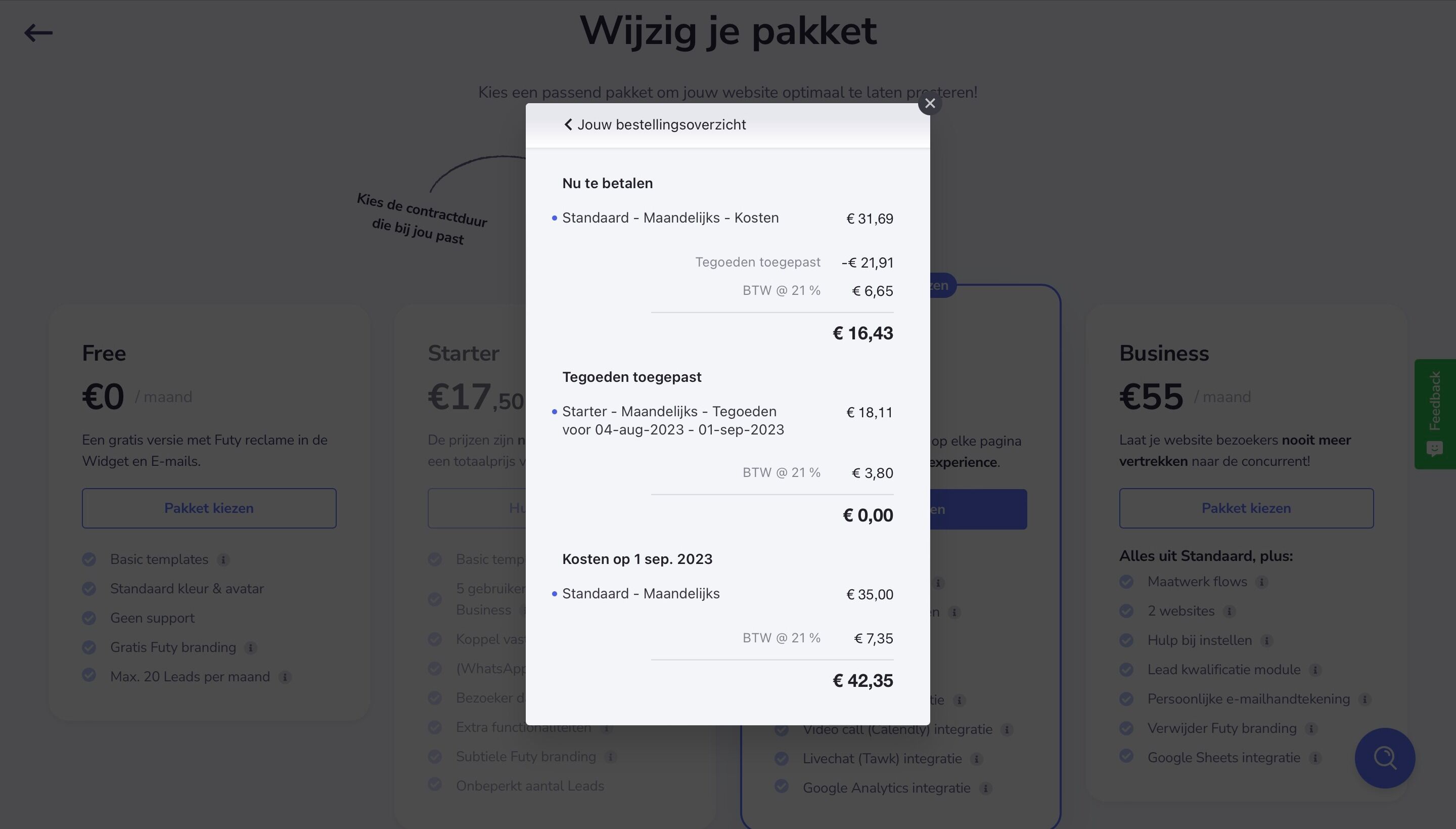 Screenshot of: Onderaan zie je dan het bedrag wat er daarna per maand wordt afgeschreven bij "Kosten op 1 sep. 2023"
