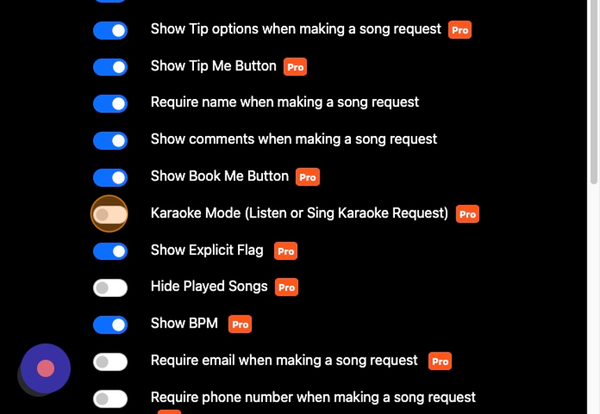Screenshot of: Click the "Karaoke Mode (Listen or Sing Karaoke Request)Â " to turn on or off Karaoke mode