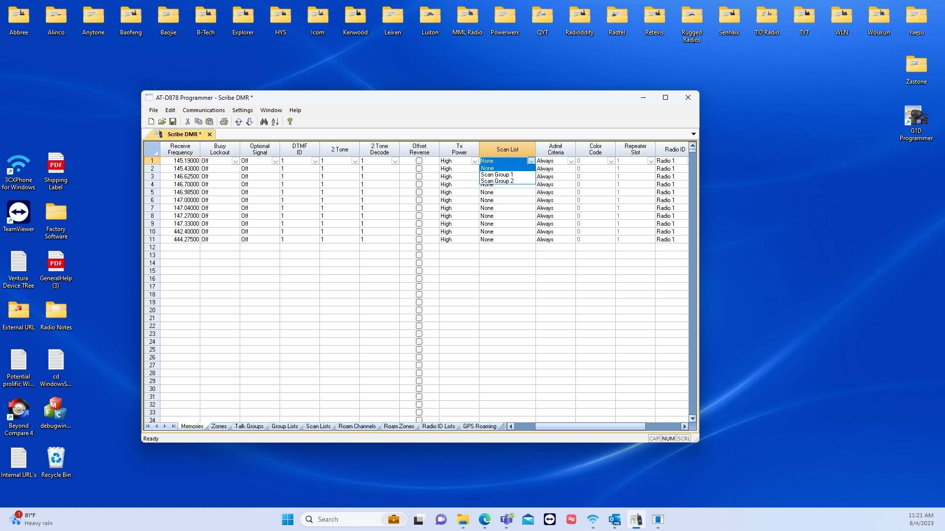 Screenshot of: Select "None" to choose the scan group you wish to assign to your memory channel.