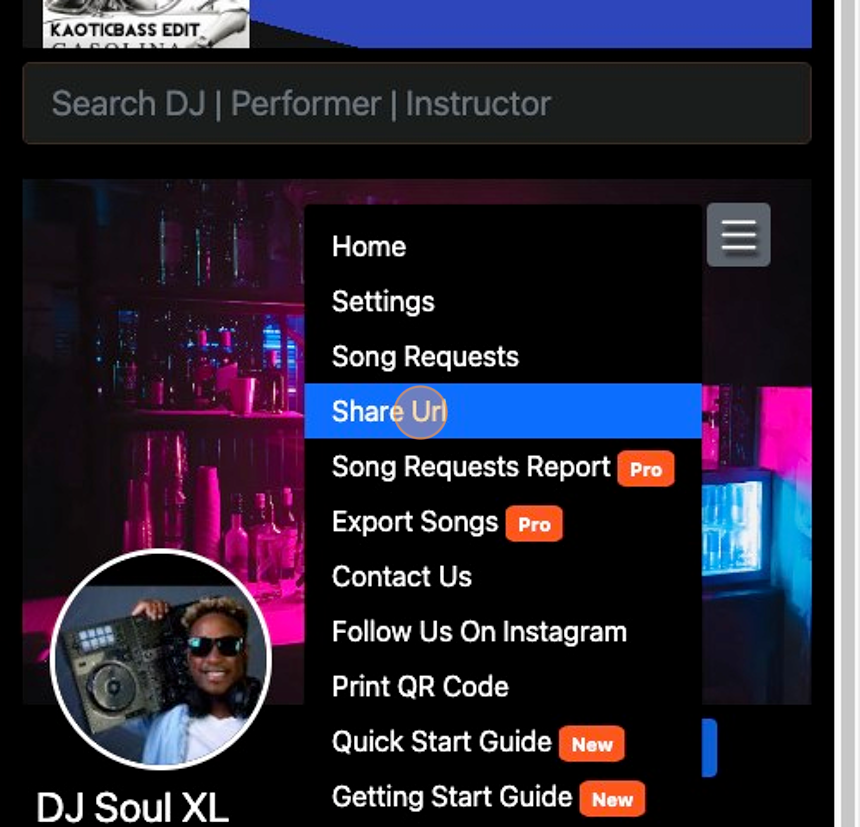 Screenshot of: Click "Share Url". Your DJ Page is copied to your clipboard. You can share the page by pasting the url into an email, text or social media platform.