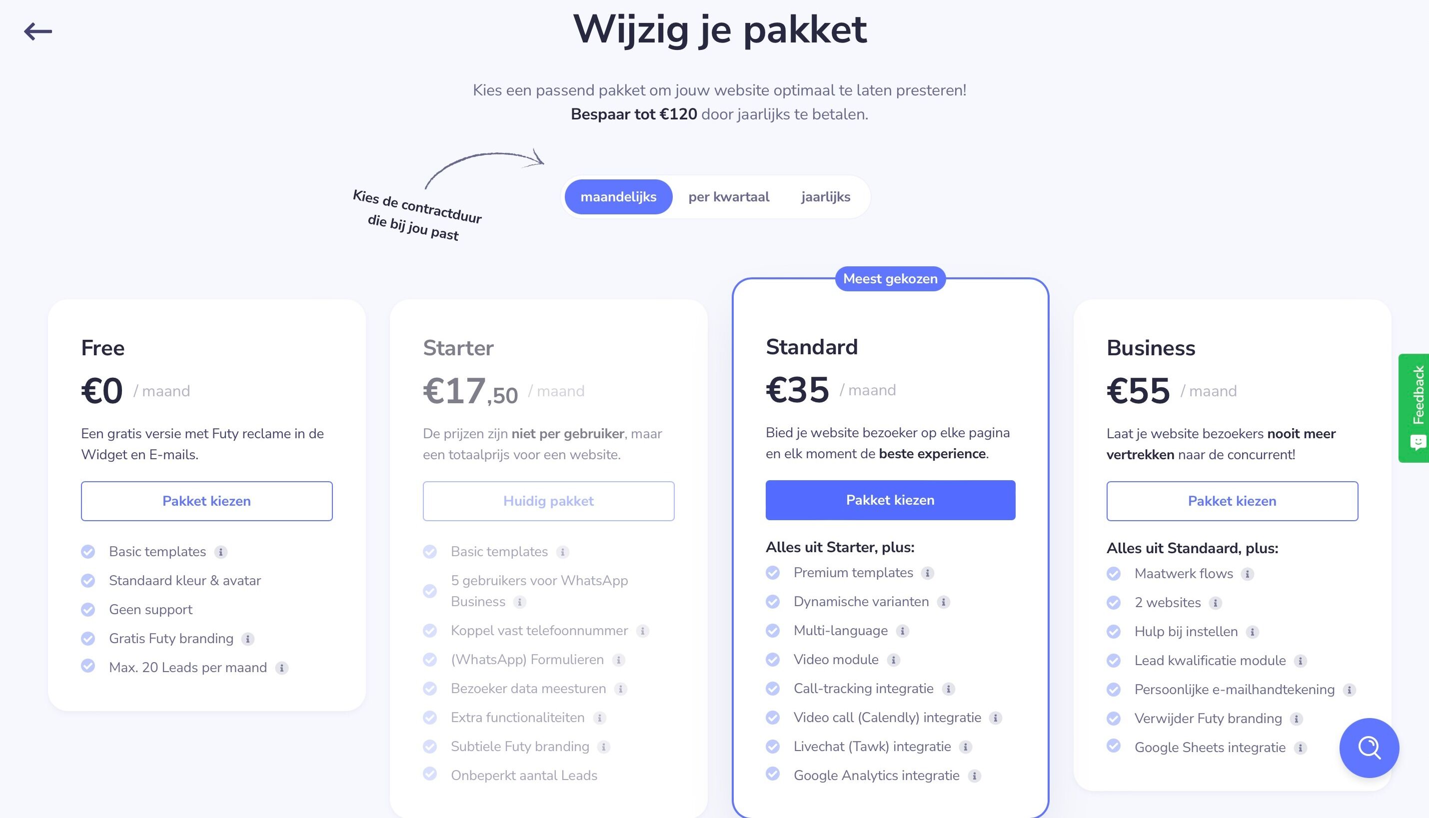 Screenshot of: In dit scherm zie je het "Huidige pakket" en kies het pakket dat je wenst door te drukken op "Pakket kiezen"