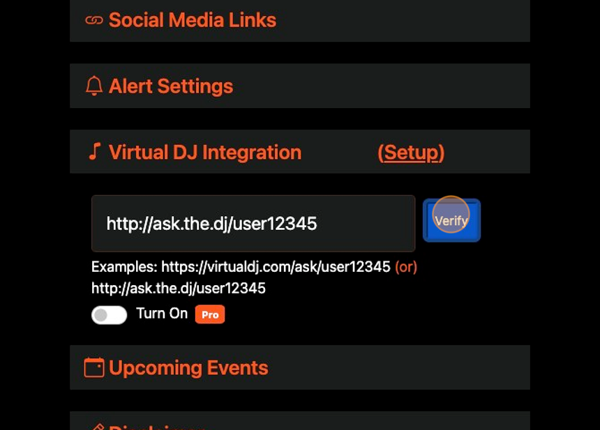 Screenshot of: Click "Verify". Your page should go to a valid web page on Virtual DJ